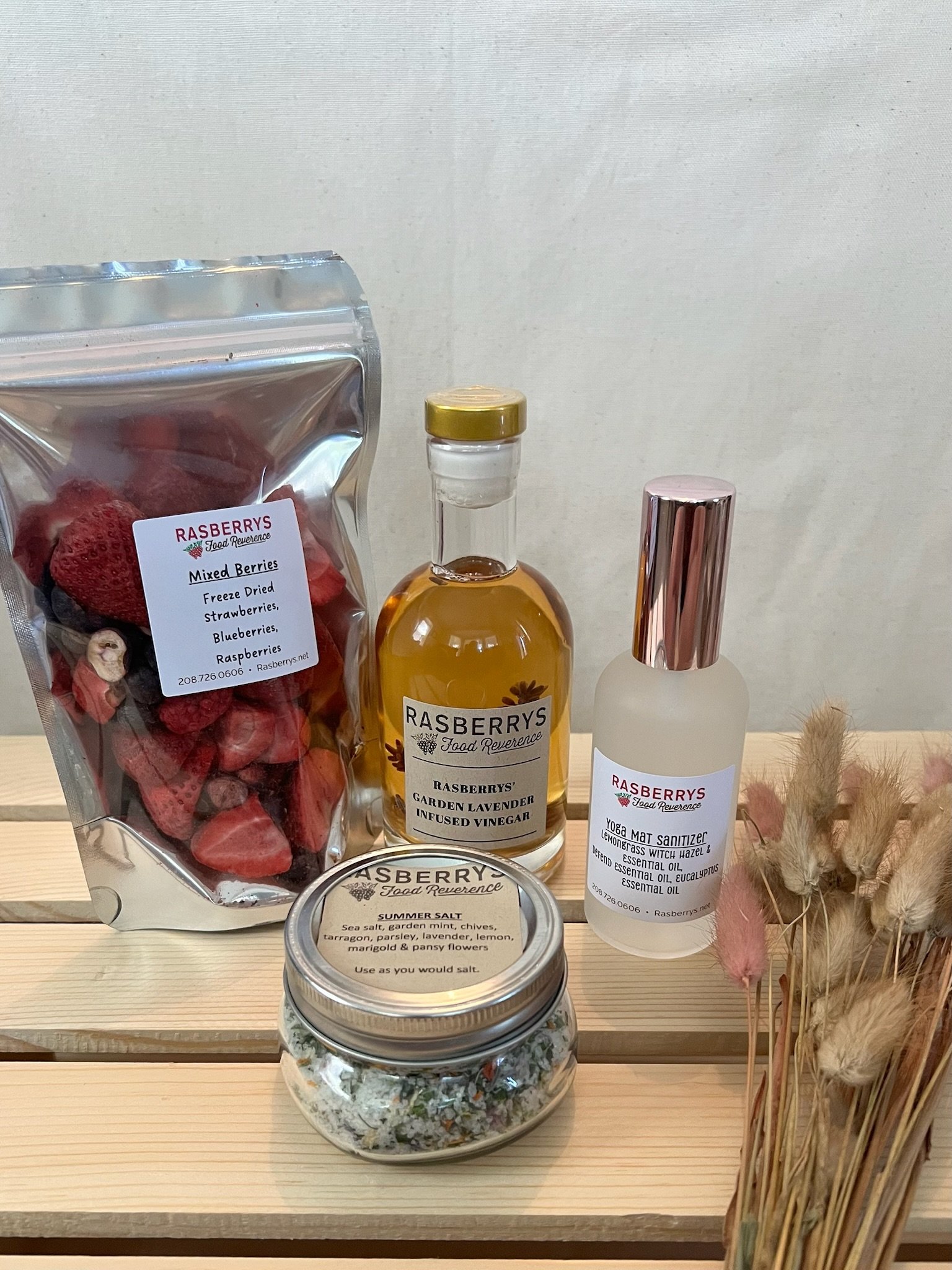 freeze dried berries, vinegar, and yoga mat spray