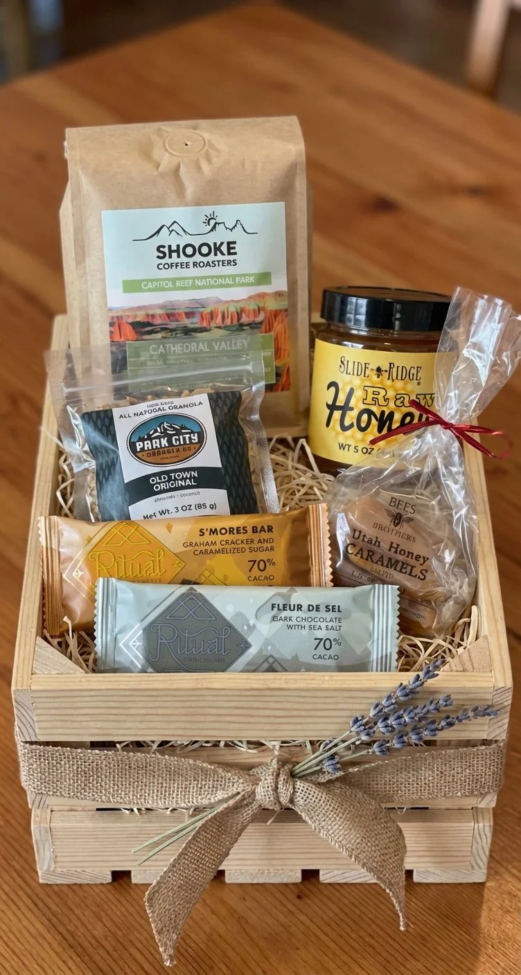 A gift basket filled with coffee, honey, and snacks in a wooden box decorated with a burlap ribbon and a small lavender bouquet.