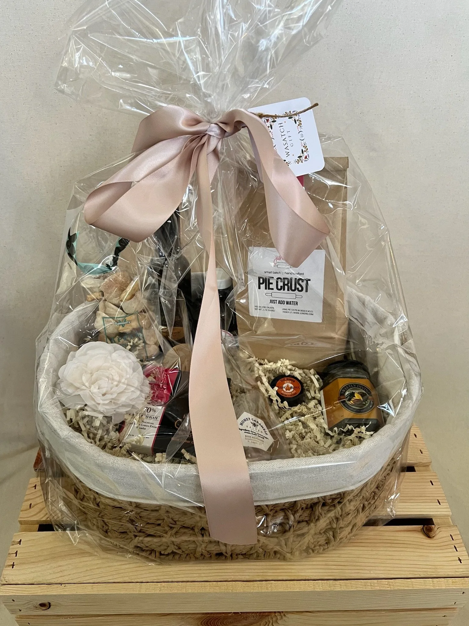 Utah baker gift basket with pie crust mix, hot honey, olive oil, chocolates, and chef soap