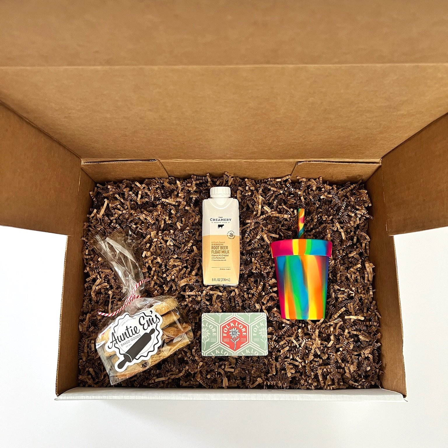 Kids Milk and Cookies gift box from Utah with book store gift card and cup