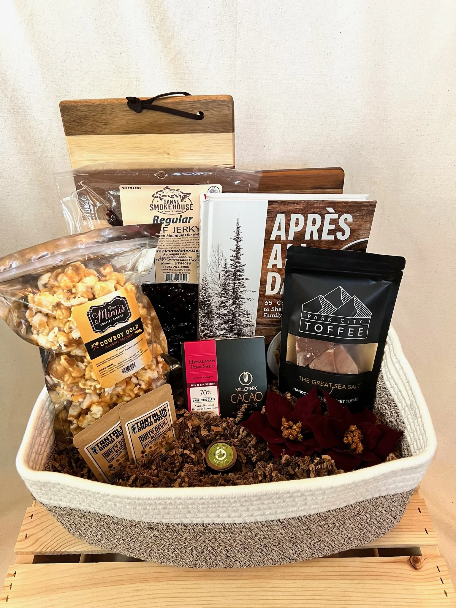 Utah artisan gift basket with Park City toffee, dark chocolate, jerky, and Après cookbook