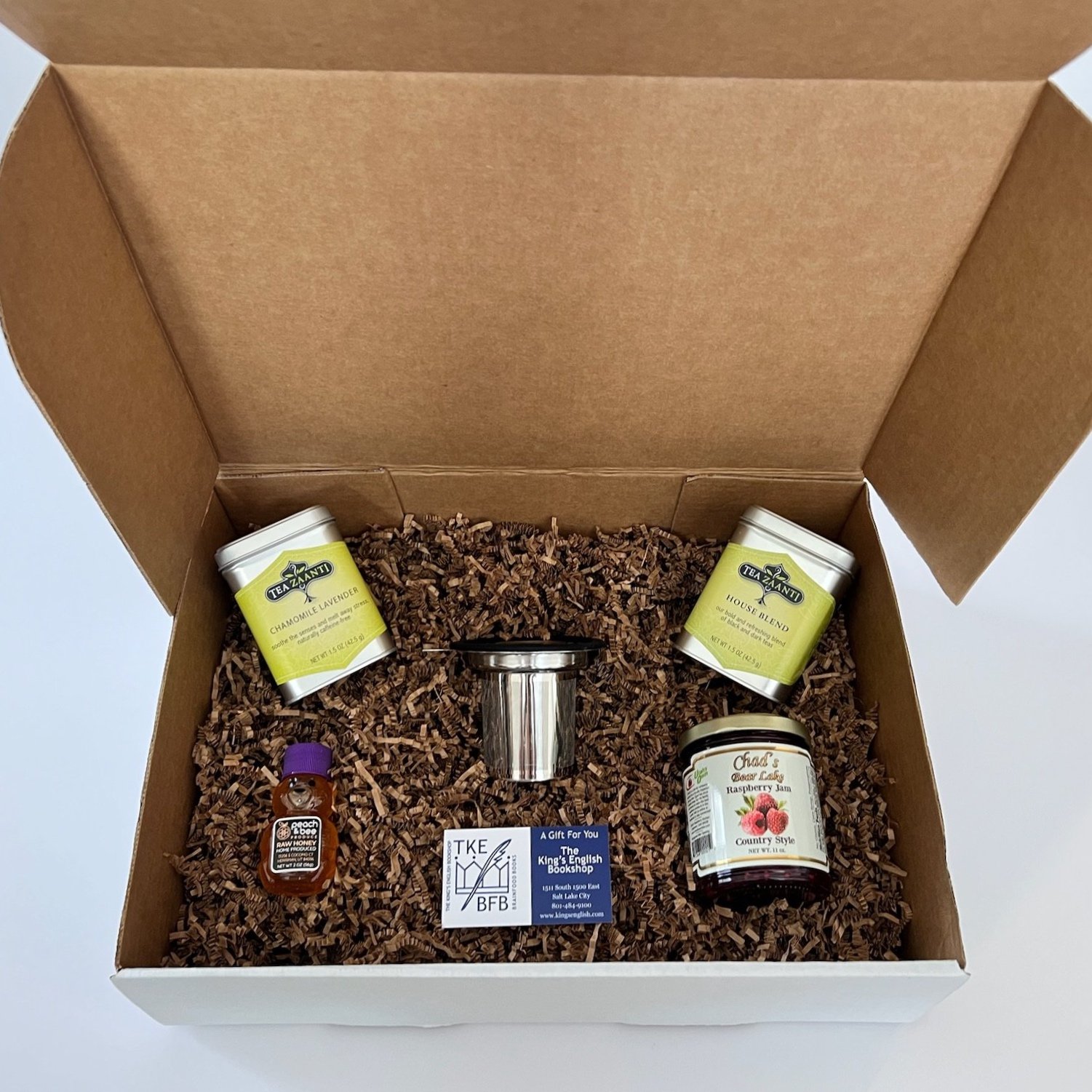 Tea, honey, jam, and book shop gift card from Utah in a gift box