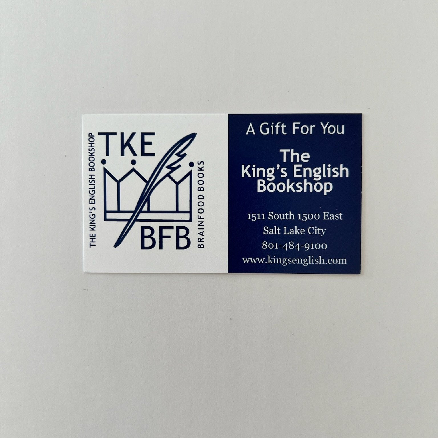 Gift Card from Kings English Book Shop in Salt Lake City, Utah