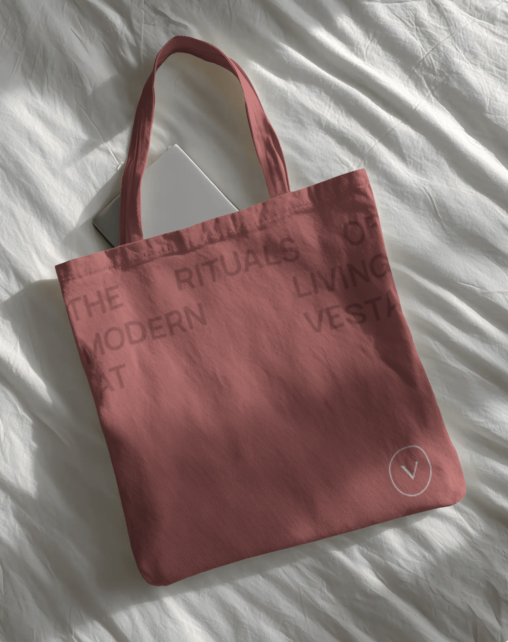 A pink tote bag with faint text on a white crumpled cloth surface, with a closed laptop partially visible inside.