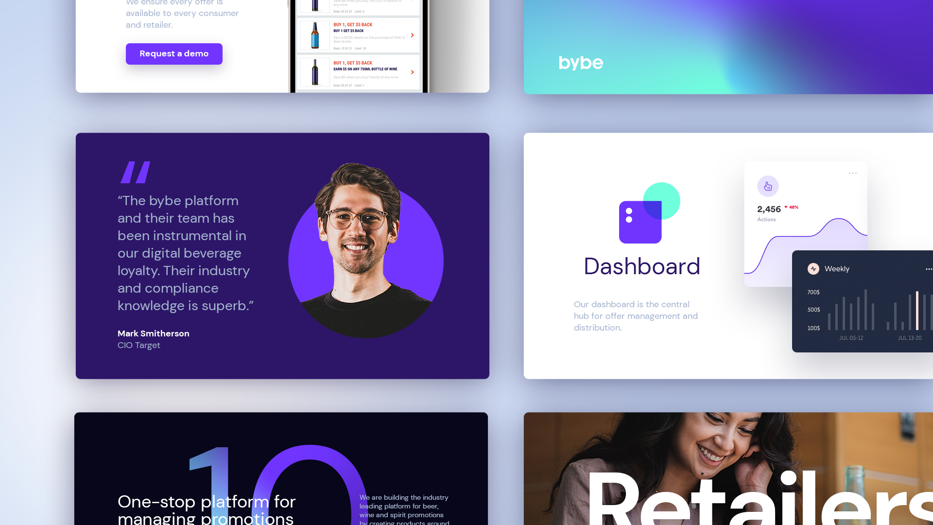 A digital dashboard interface displaying a quote from Mark Smitherson, CIO Target, about the effectiveness of the Bybe platform, accompanied by a photo of a smiling man with glasses. The dashboard includes a purple and white theme with graphical elements and charts, and the layout is clean and modern.