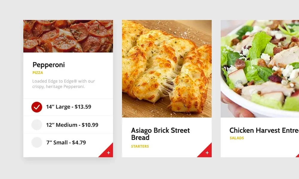 A menu with three food items: Pepperoni pizza, Asiago Brick Street Bread, and Chicken Harvest Entree salad.