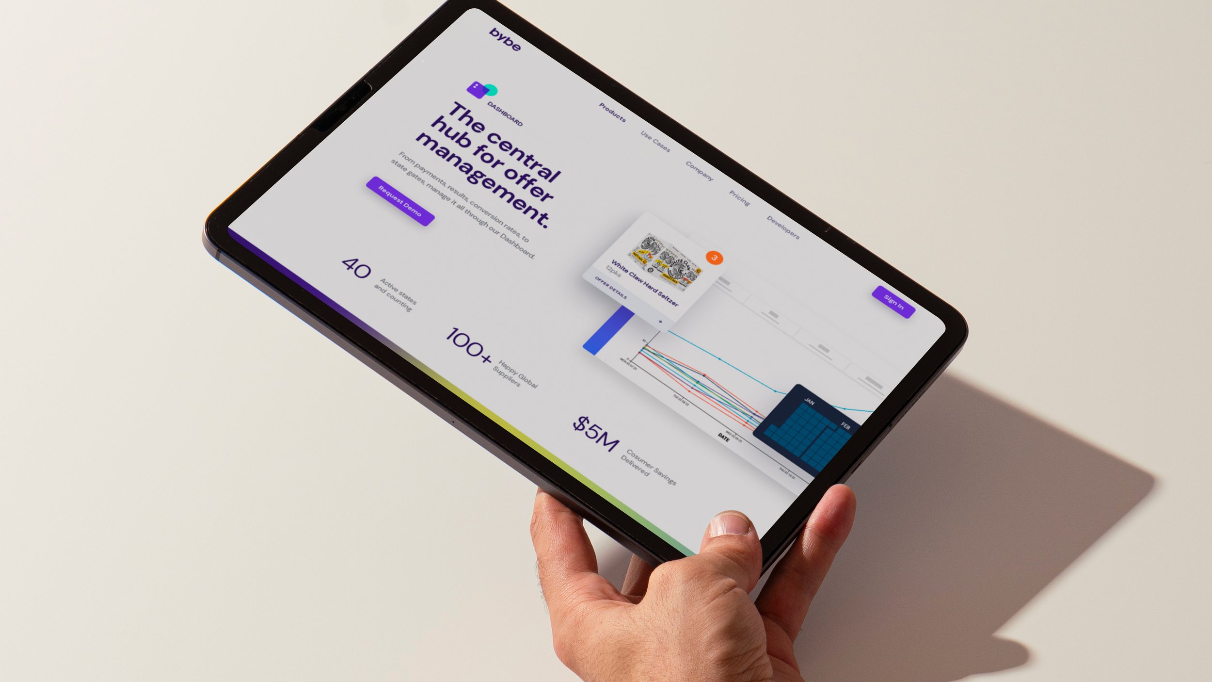 A person holding a tablet displaying a website for a hub management platform called Byke, featuring a purple request demo button, sign in button, and statistics about active states, global supplies, and household savings.