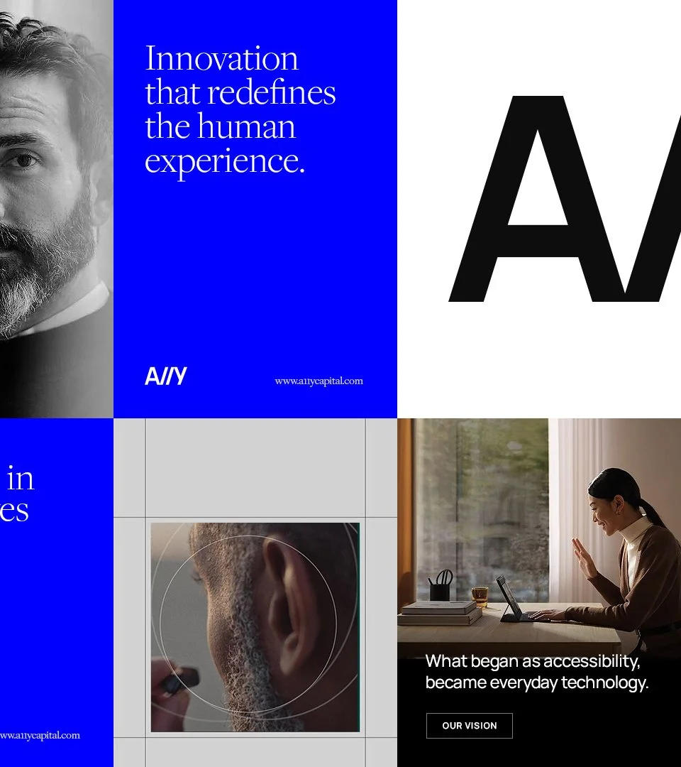 Collage of promotional images including a black-and-white photo of a man with a beard, blue sections with white text about innovation and technology, a close-up of a person's ear with audio technology, and a woman at a desk using a laptop with a caption about accessibility and technology.