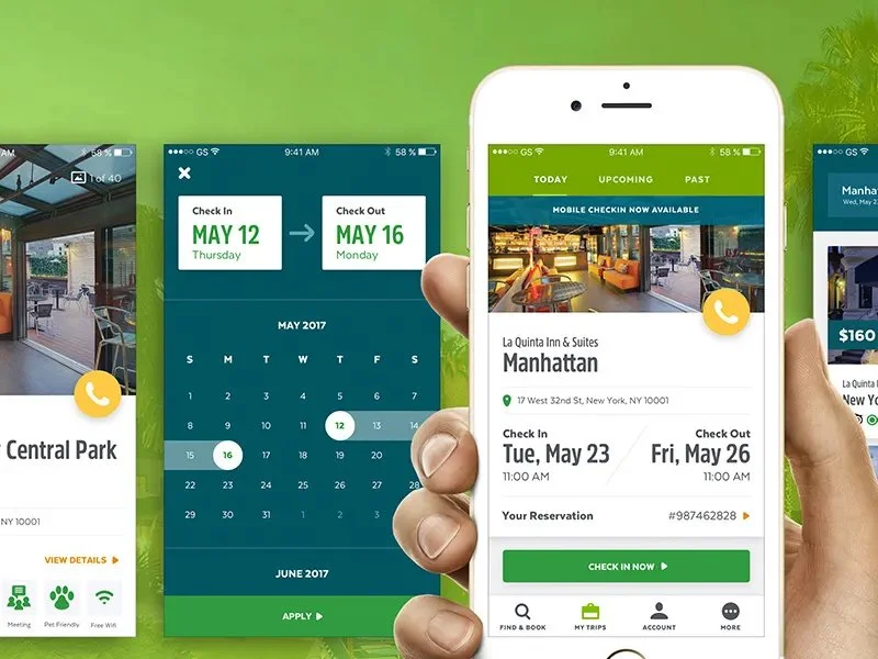 Smartphones displaying a hotel booking app, showing reservation details, check-in and check-out dates, and a map location.