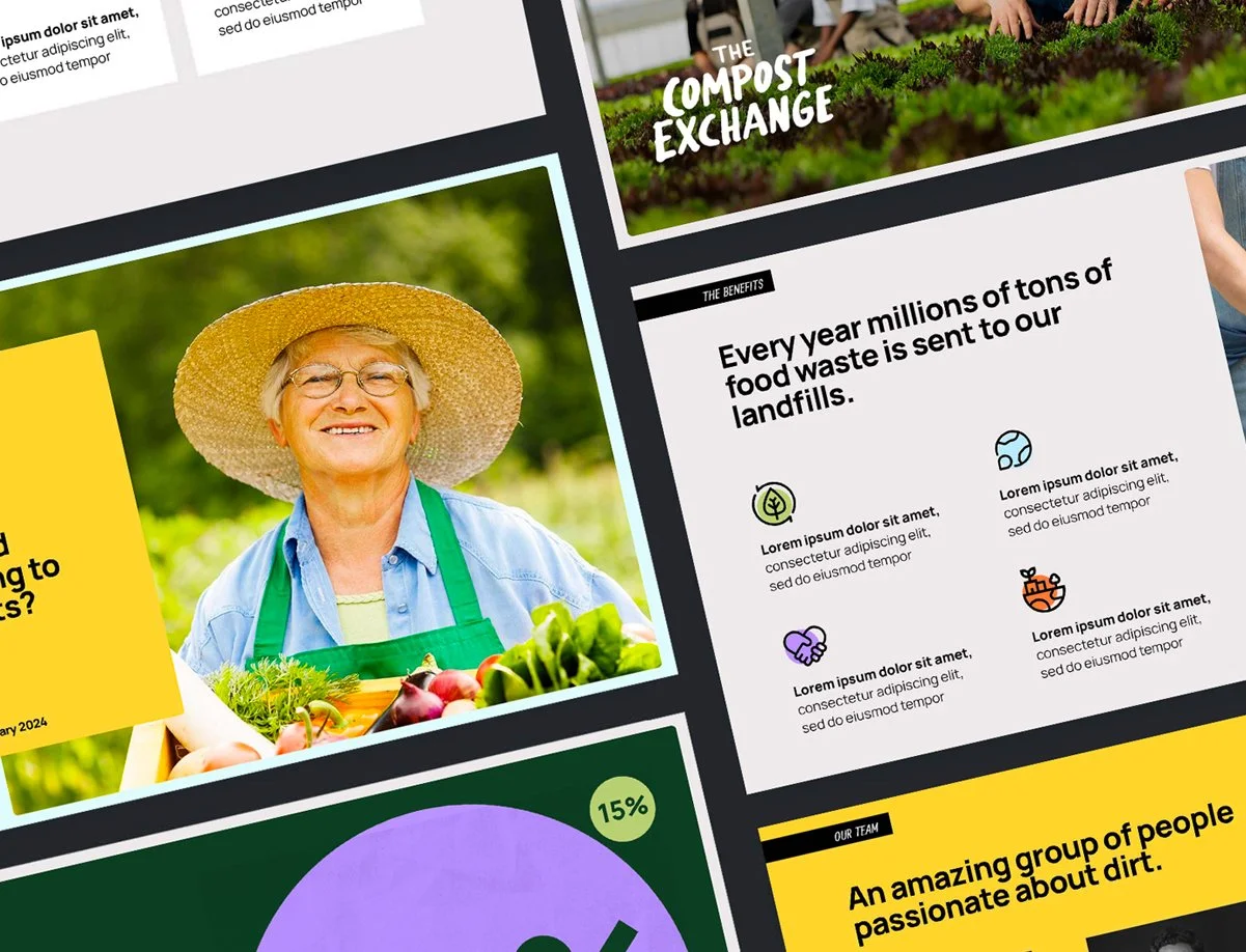 Image of a woman wearing a straw hat and glasses, smiling, in a garden, surrounded by vegetables, with a yellow graphic overlay on the left side.