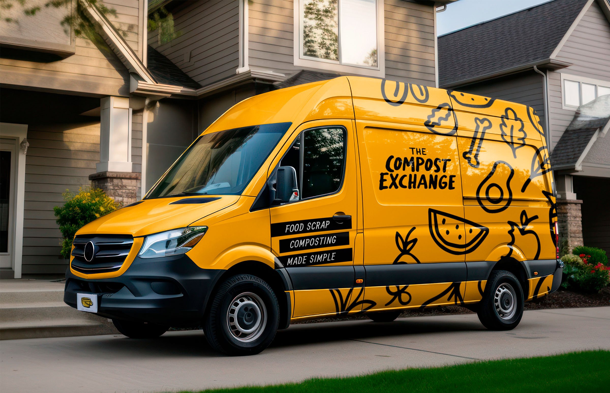 Yellow food waste collection van parked in front of a residential house. The van has black and white text and illustrations related to composting and food scrap recycling.