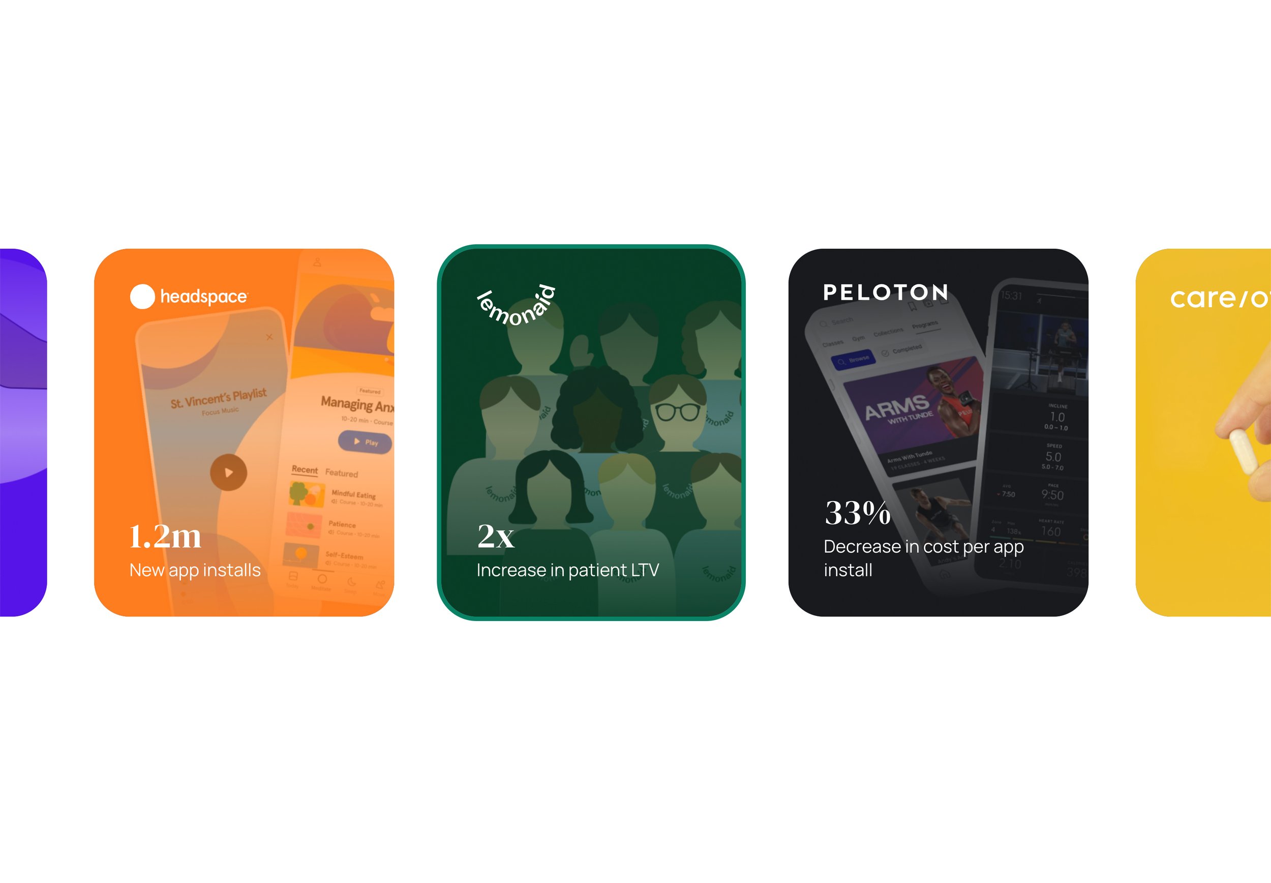 A row of four digital infographic cards showing social media and app statistics, including new app installs, increase in patient LTV, decrease in app install cost, and other data with icons and graphics.
