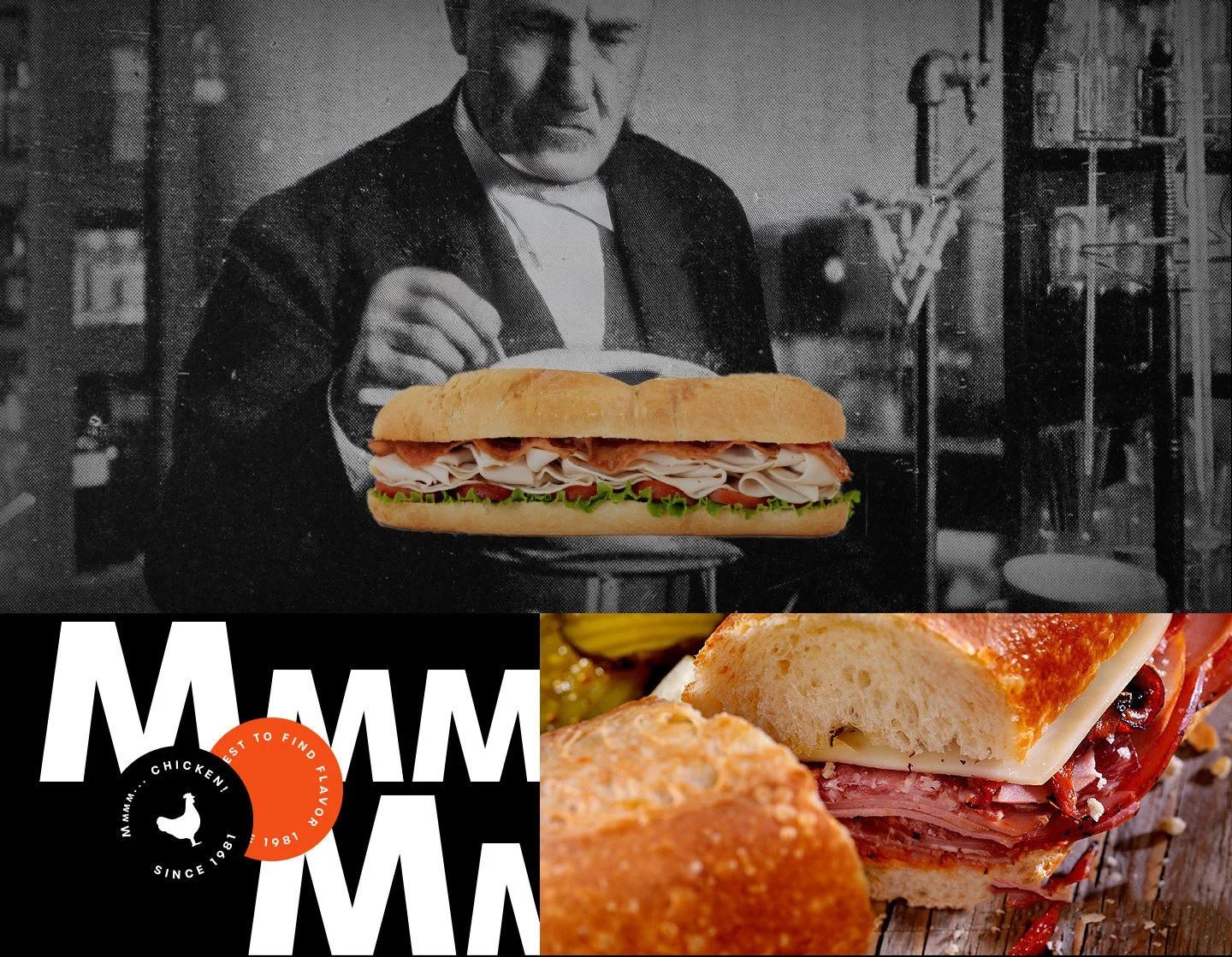 A black and white photo of a man in a suit holding a sandwich, with an inset image of a sandwich with turkey, lettuce, tomato, and bread, and another close-up image of a sandwich with turkey, cheese, and roast beef on a bun.