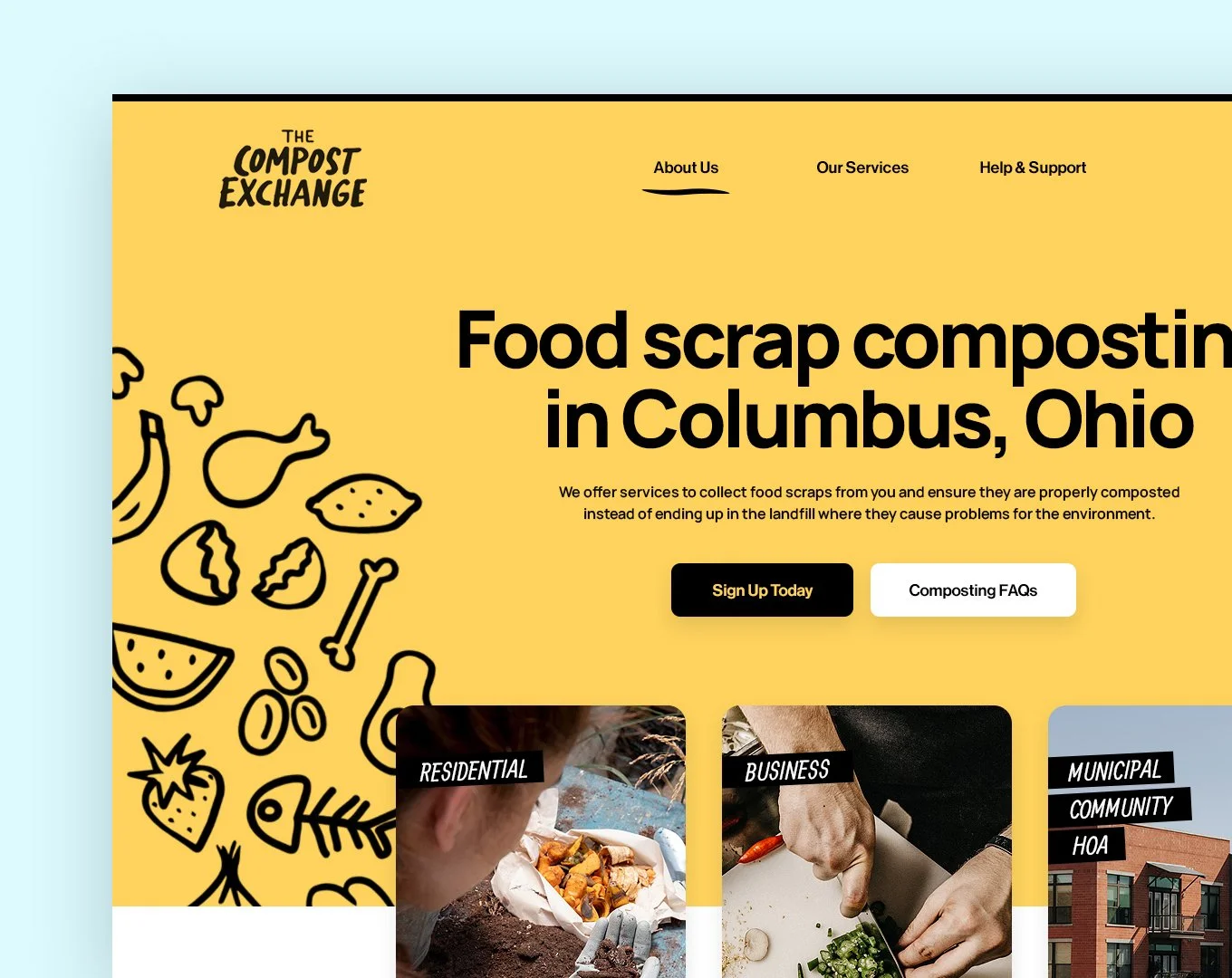 Website homepage for The Compost Exchange, a food scrap composting service in Columbus, Ohio, with navigation menu, bold headline, and buttons for sign-up and FAQs, featuring illustrations of food scraps on a yellow background.