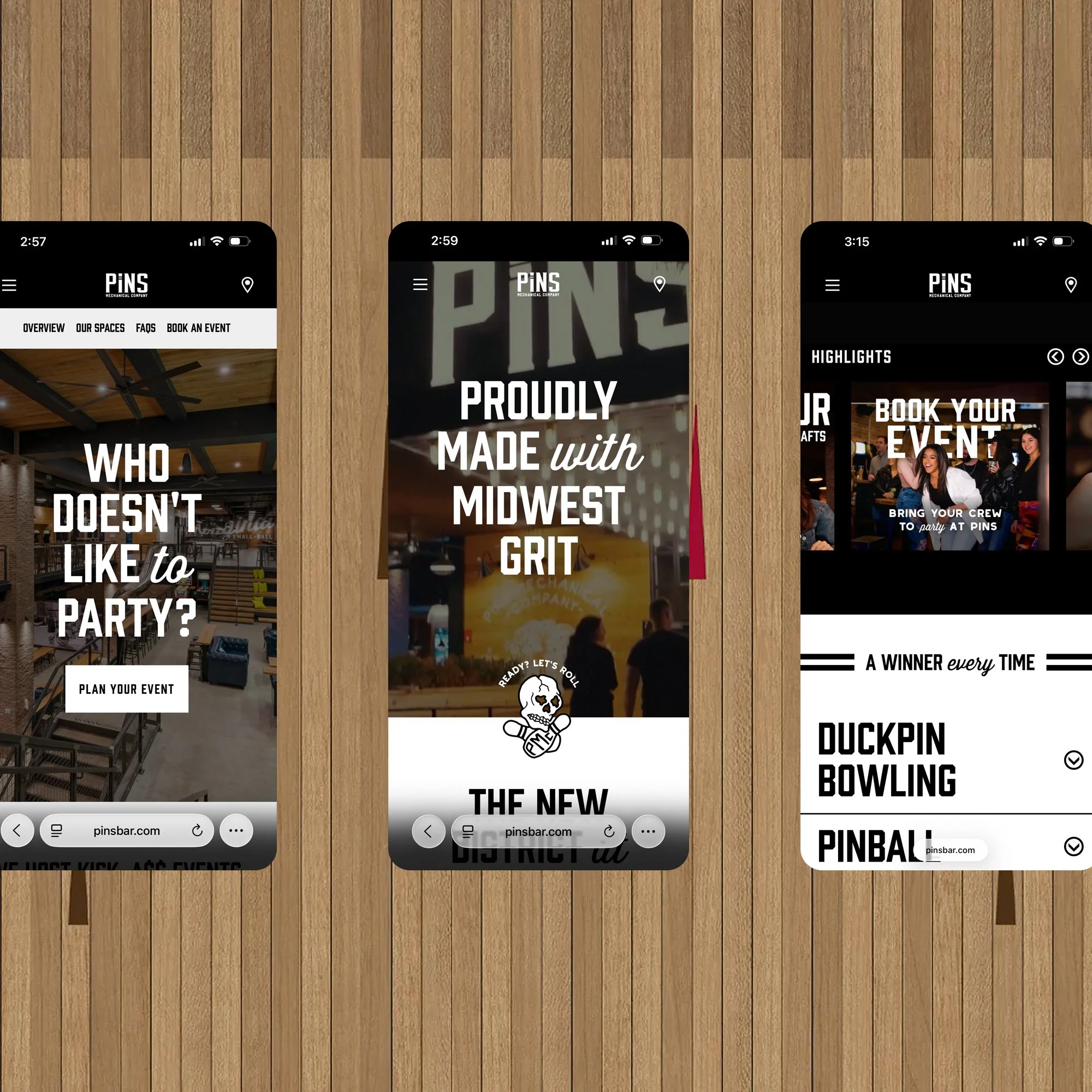 Three smartphones displaying different pages of a website called PINS, a recreational facility, on a wooden background.