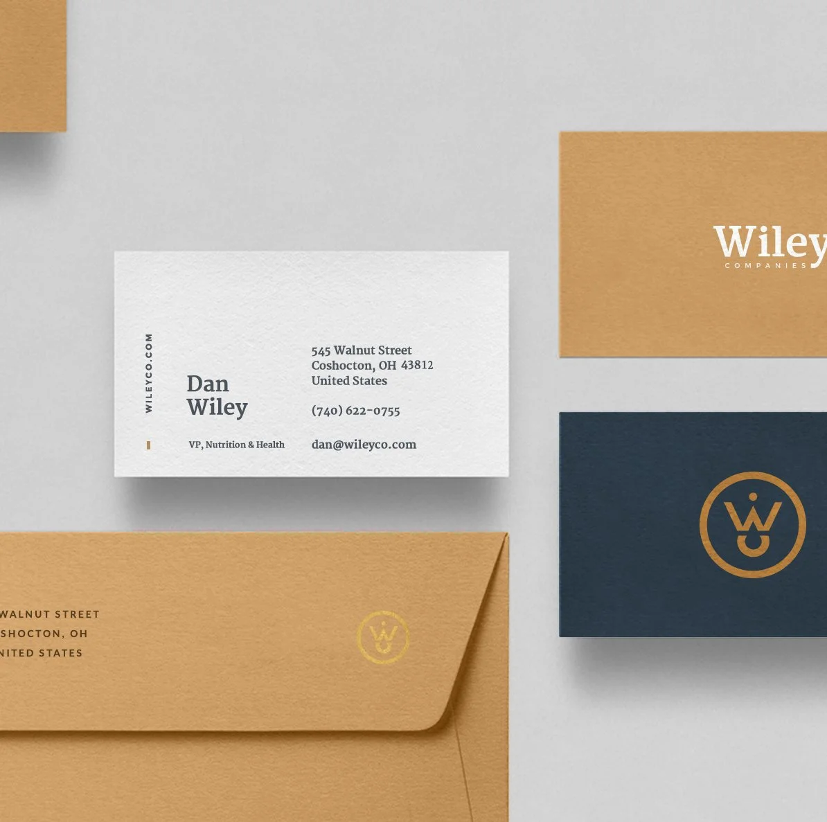 Business stationery including a white business card with black text and an email address, and cards in gold, navy blue, and copper colors with company logos and contact information.