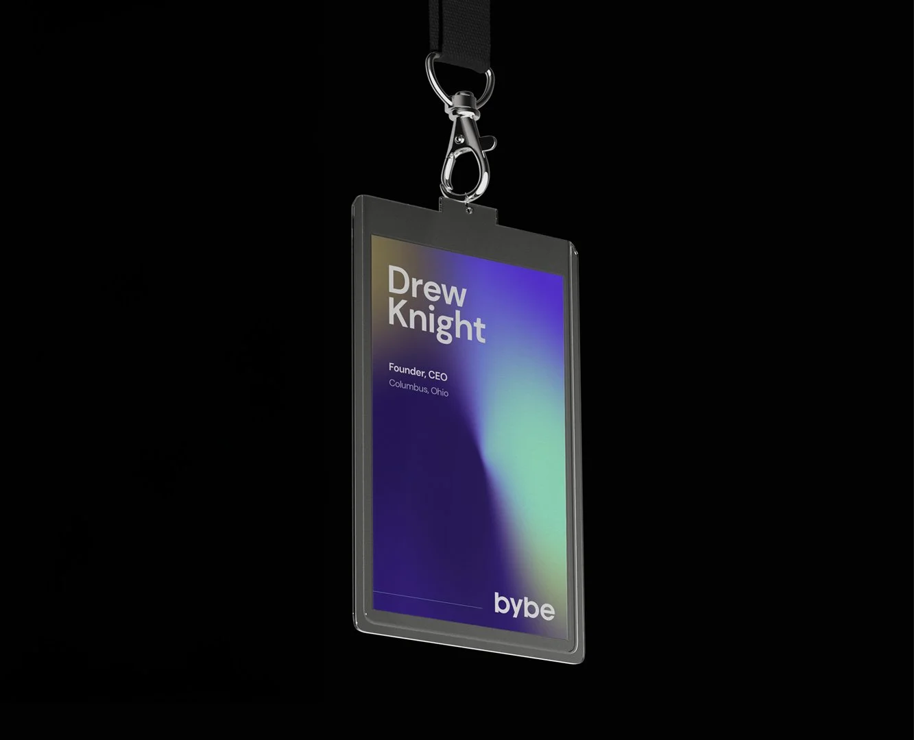 Digital name badge hanging from a lanyard, displaying the name Drew Knight, founder and CEO from Columbus, Ohio, with the branding 'bybe' at the bottom.