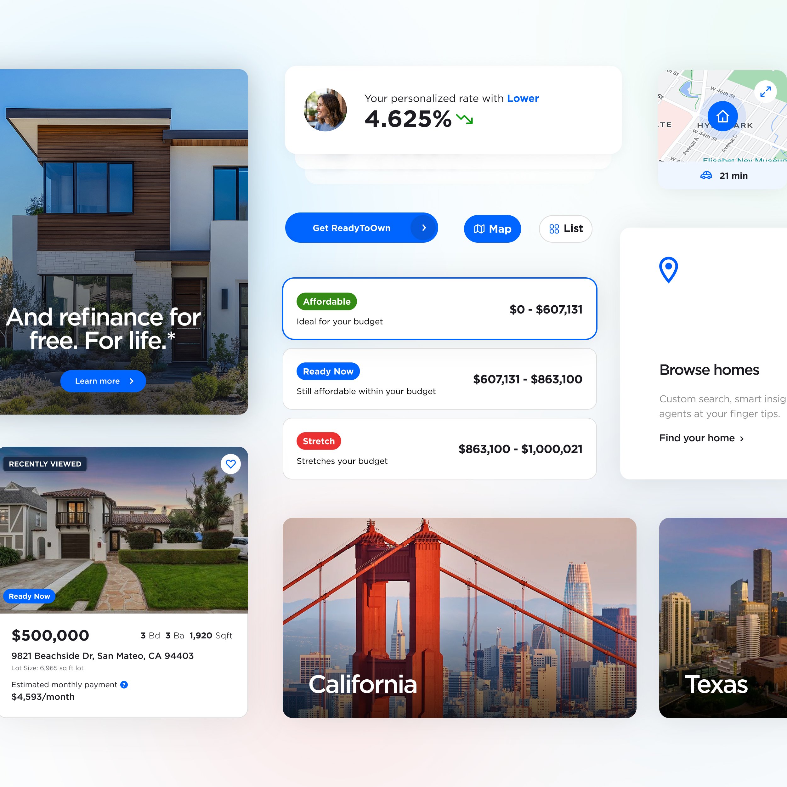 Screenshot of a real estate website featuring various home listings, a map, and mortgage options.