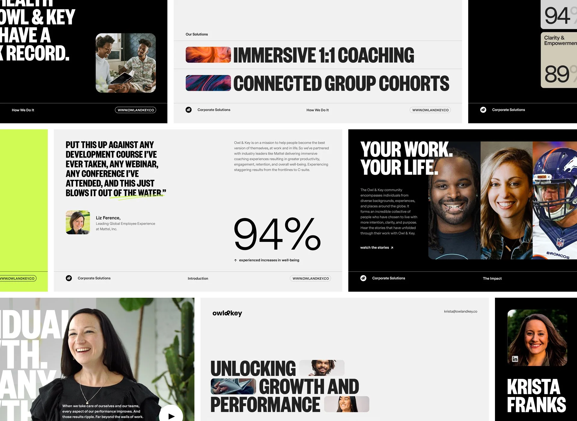 A collage of multiple slides presenting a corporate overview. It includes images of smiling professionals, bold text about coaching solutions such as immersive coaching and connected group cohorts, statistics on well-being increase, and individual profiles. The slides feature a mix of black, white, and vibrant color backgrounds, with informational text about the company's mission and impact.