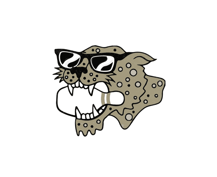 Cartoon illustration of a jaguar's head wearing sunglasses.