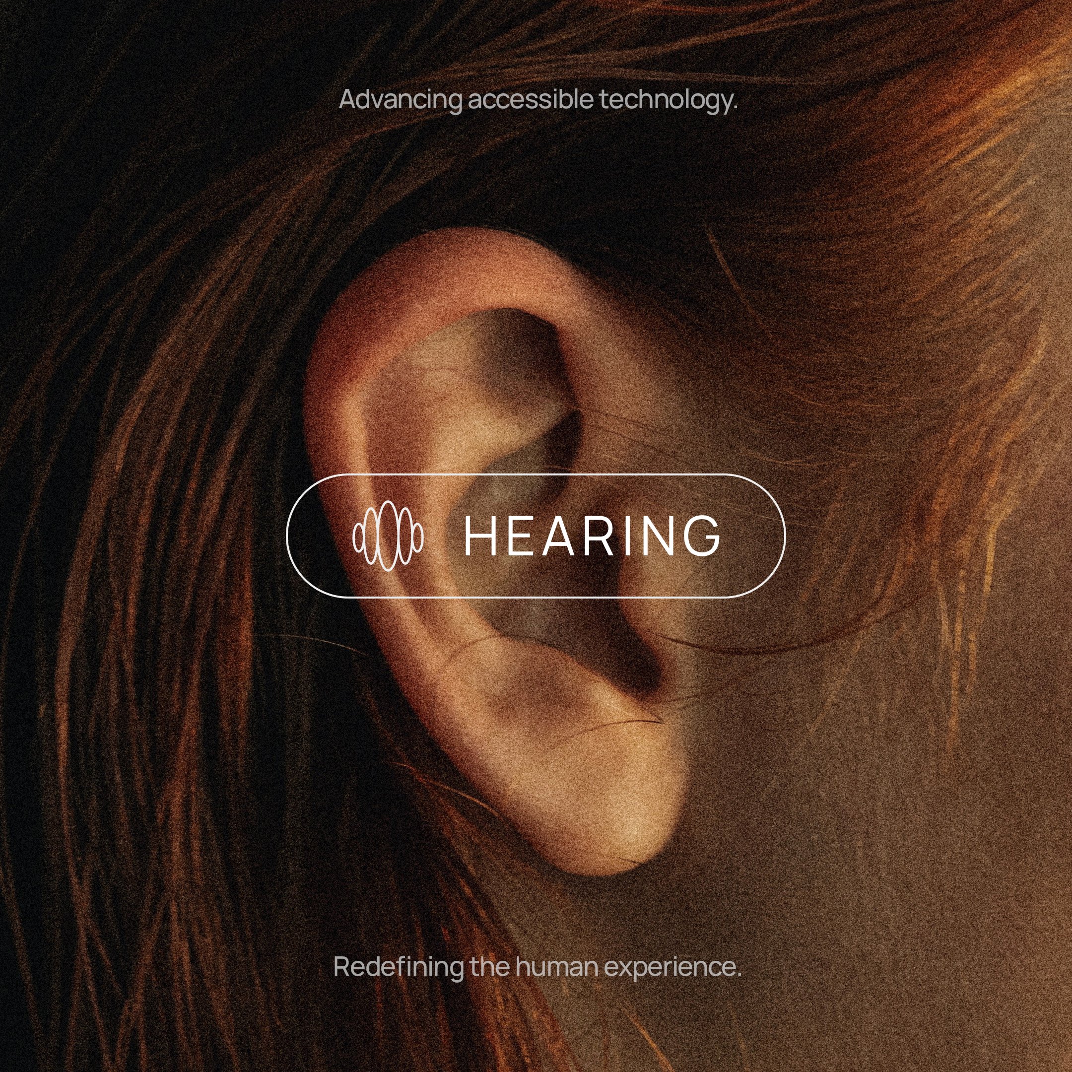 Close-up of a human ear with a digital overlay reading 'Hearing' and 'Advancing accessible technology,' with a background of red hair and a dark area