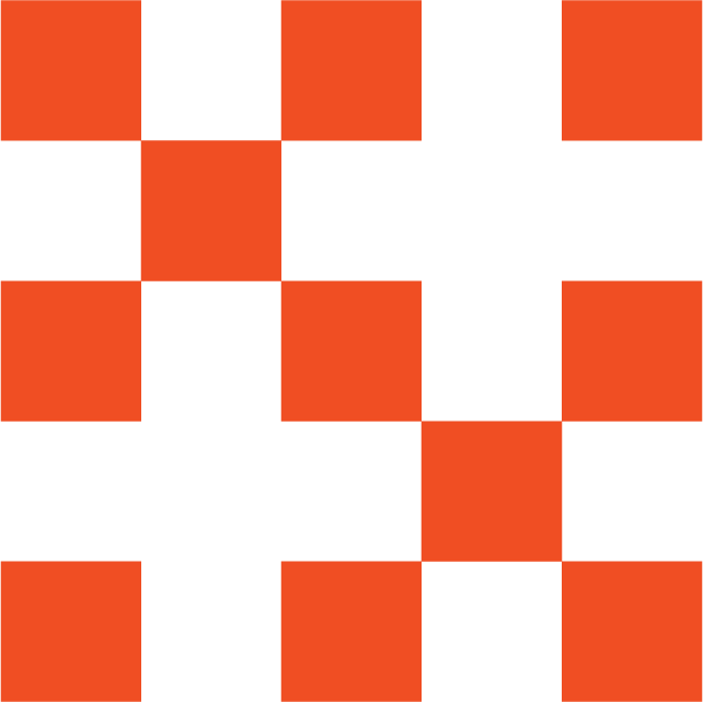A pixelated abstract design with black and orange squares arranged in a checkered pattern.