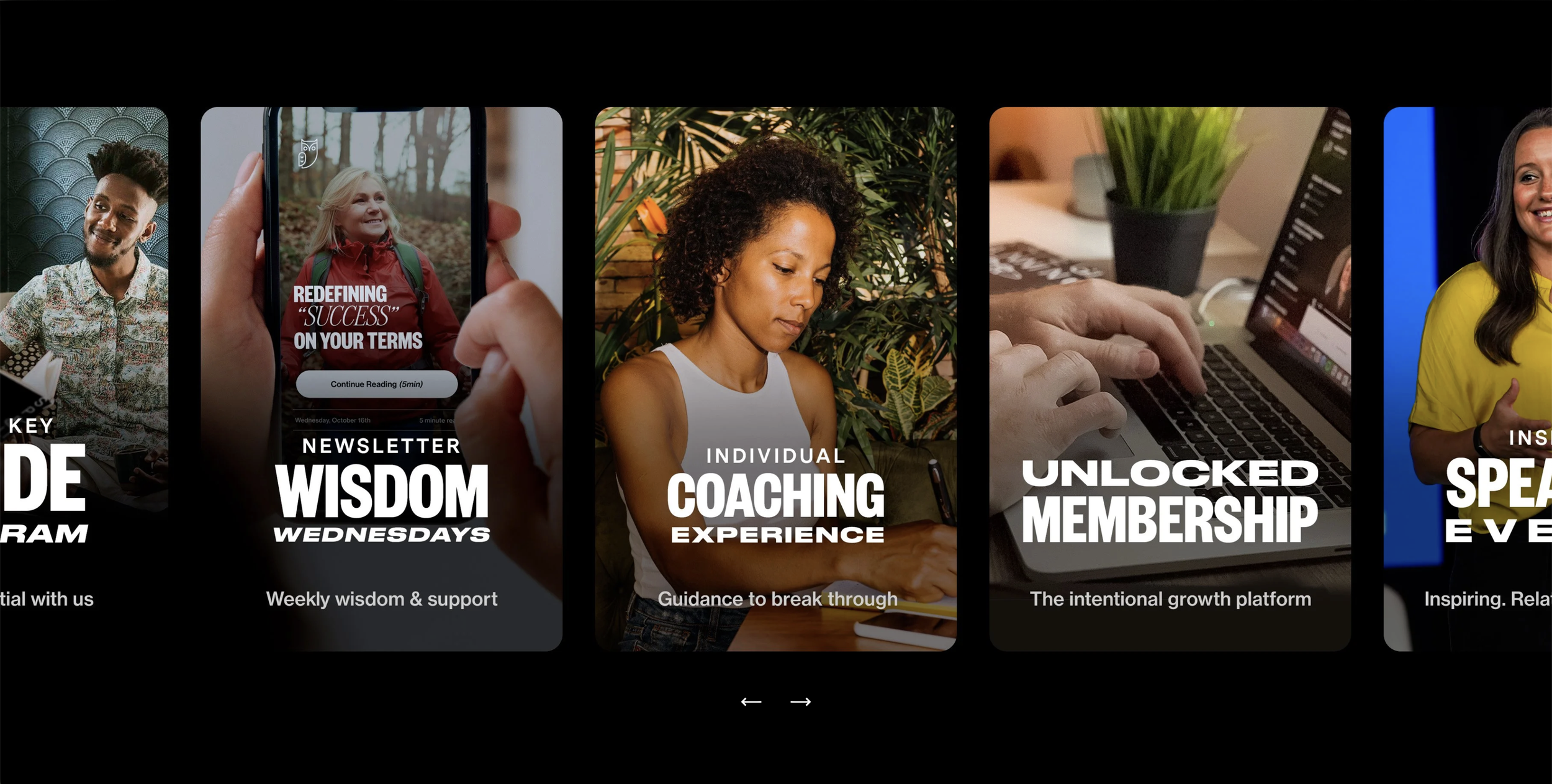 A digital gallery displaying five vertical panels with images and text, promoting podcast features, coaching, and community engagement on a website. The panels highlight topics like wisdom, individual coaching, unlocked membership, and speaking events.