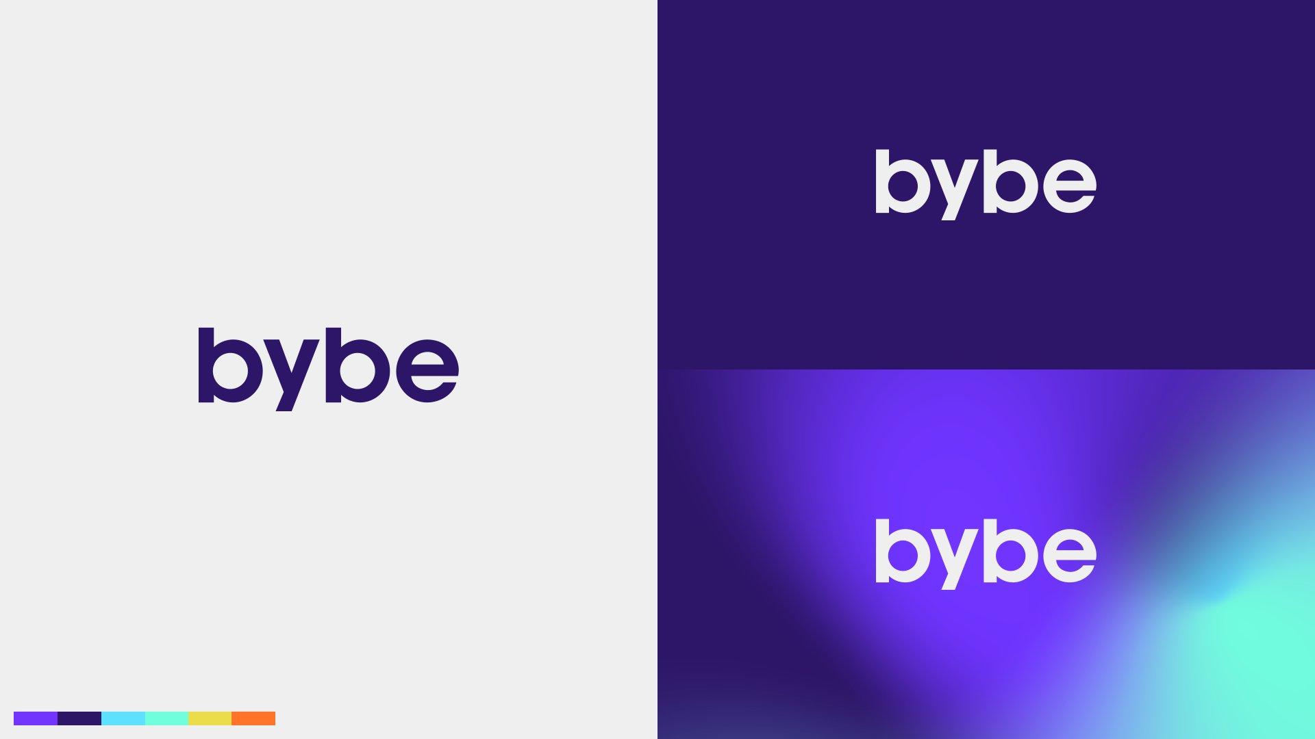 A collage of four images showcasing the 'bybe' logo in various backgrounds and color schemes, including a light background with the logo in purple, a dark blue background with the logo in white, a purple background with white text, and blending colors with the 'bybe' logo.