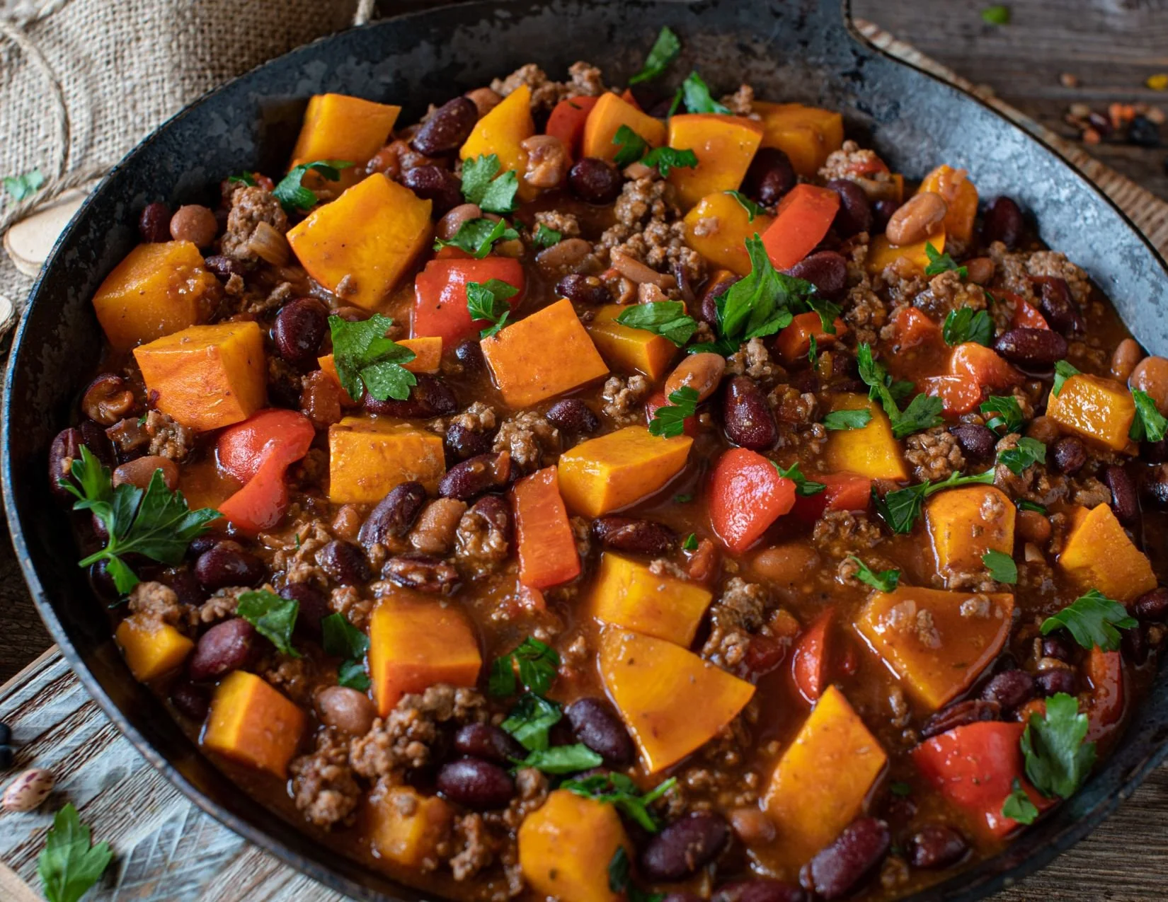 95% lean ground beef with sweet potatoes and beans