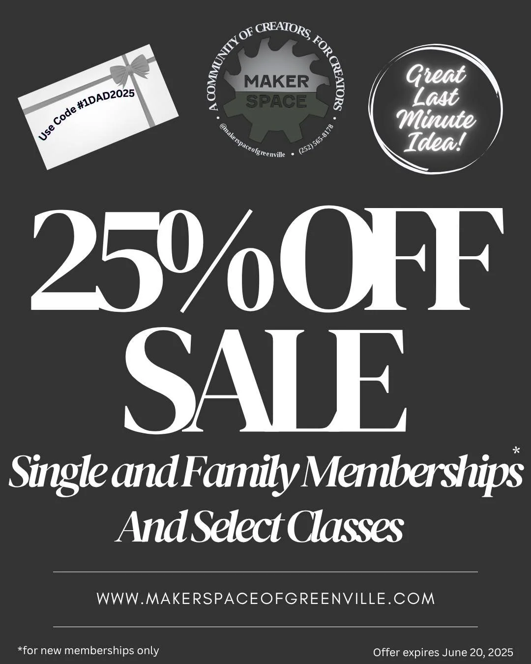 🎁 Looking for the perfect last-minute Father&rsquo;s Day gift?
👨&zwj;🔧 Give the gift of creativity with 25% OFF single &amp; family memberships and select classes at the Makerspace of Greenville!

🧰 Use code #1DAD2025 at checkout
🌐 www.makerspac