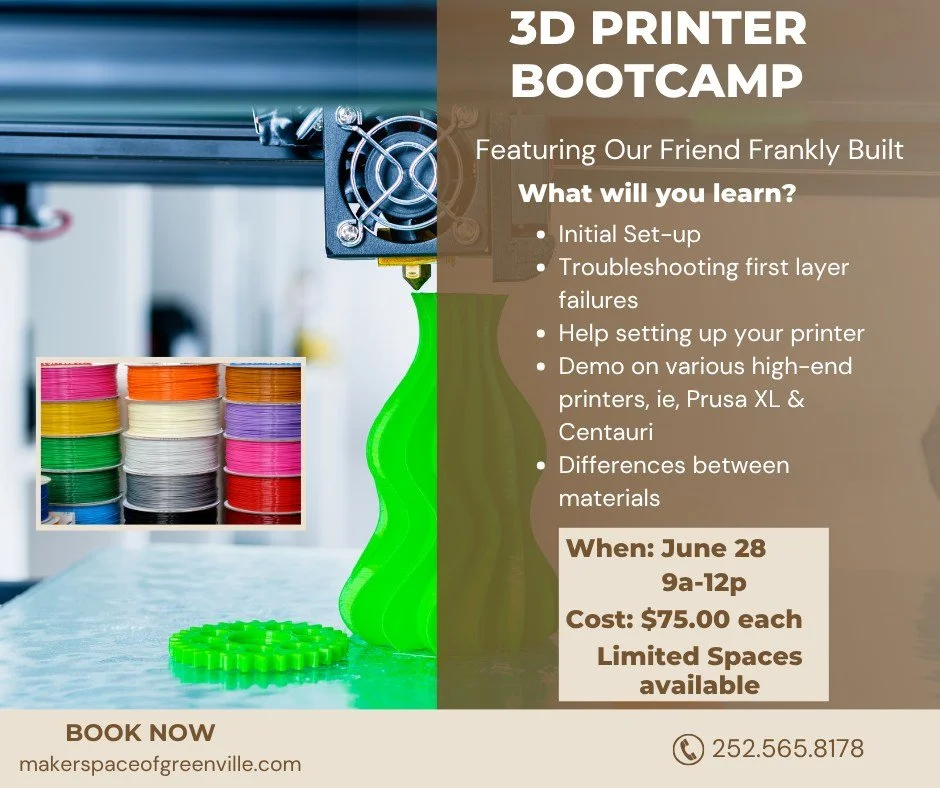 🧠💥 Got a 3D printer collecting dust?
Still trying to get that first print just right? We&rsquo;ve got you covered.

Join our 3D Printer Bootcamp at the Makerspace of Greenville!
🔥 Learn to set up, maintain, and master your printer
🎯 Troubleshoot 