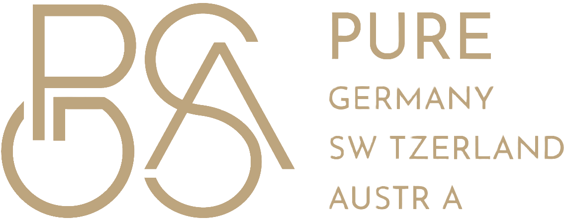 Logotipo con las letras 'P', 'A', y 'S' en estilo moderno y color dorado, acompañado de las palabras 'PURE', 'GERMANY', 'SWITZERLAND', y 'AUSTRIA'.