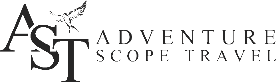 Logotipo de Adventure Scope Travel con letras negras y un colibrí en la parte superior izquierda.