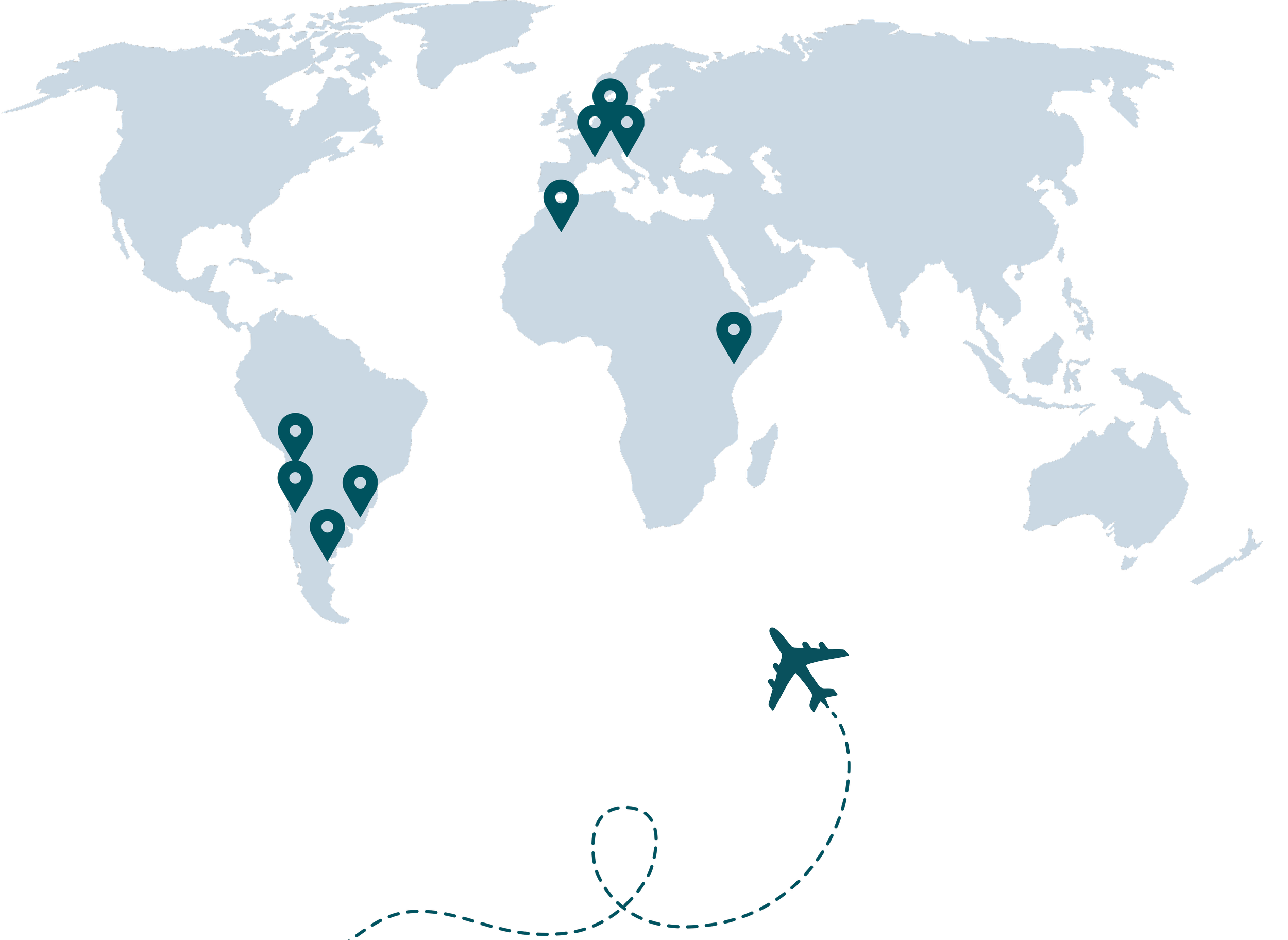 Mapa mundial con marcadores en Europa, África, América del Sur y Australia, y una ruta de viaje trazada con una línea punteada azul que conecta estos lugares.
