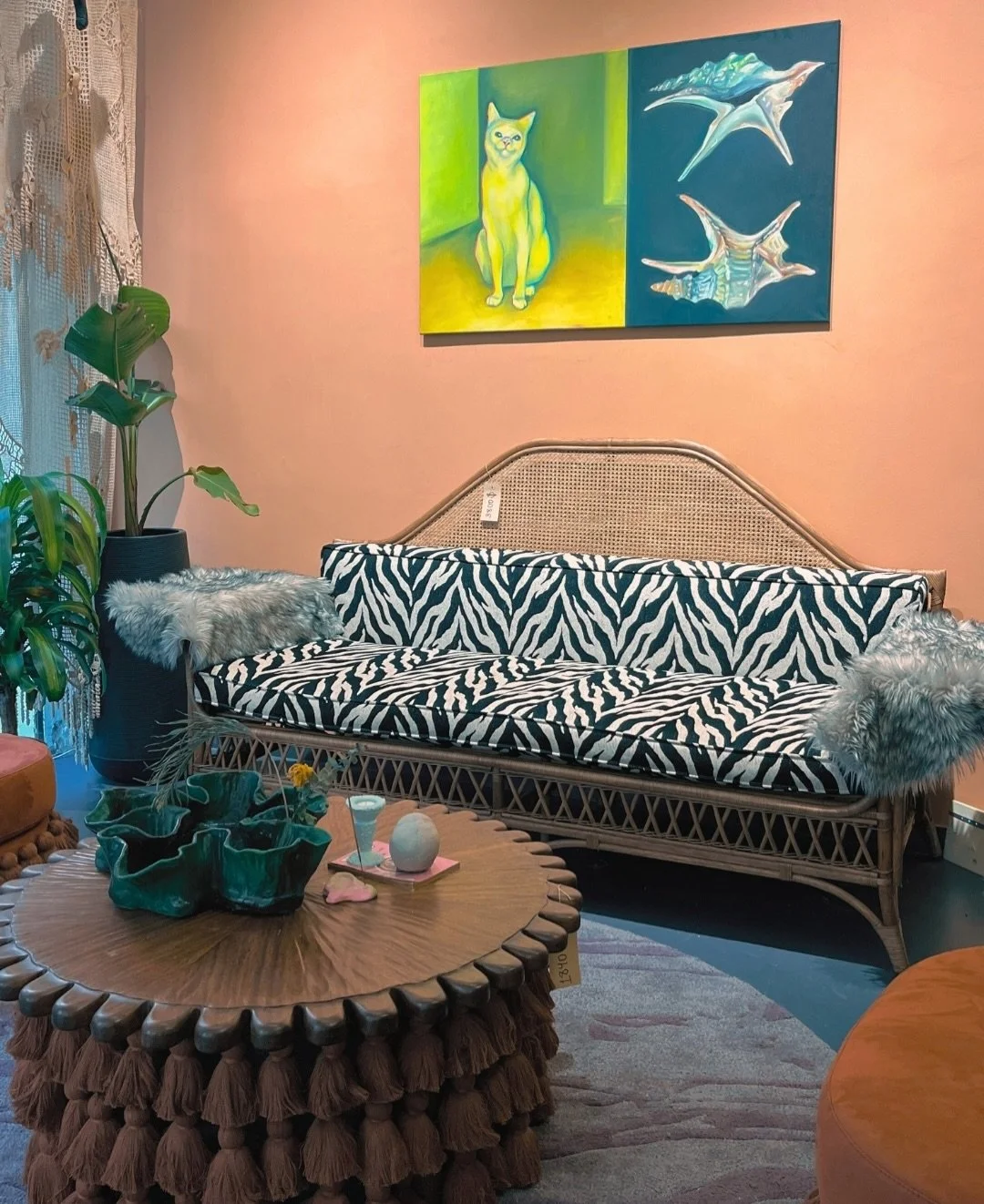 home sweet Hostile Homeware 🦓💕 
a weird little corner of beirut for creatives and pirates and friends and aunties - come with attitude and stay for a coffee ☕️ 
.
featured here is the KHALTO loveseat and TANTE coffe table set 〰️ DM for interest or 