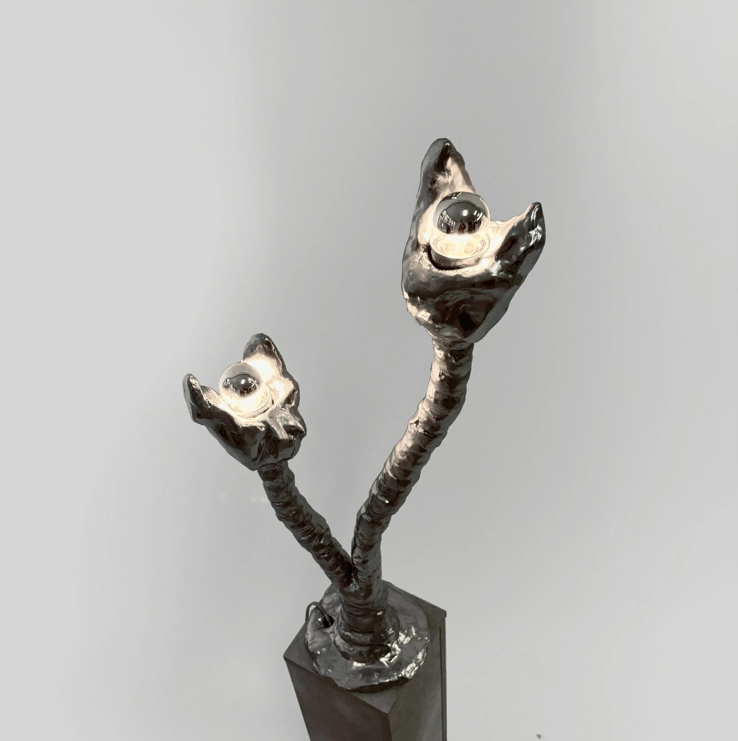 Sculpture of two branches with eyes at the ends, mounted on a black pedestal in a minimalist gallery setting.