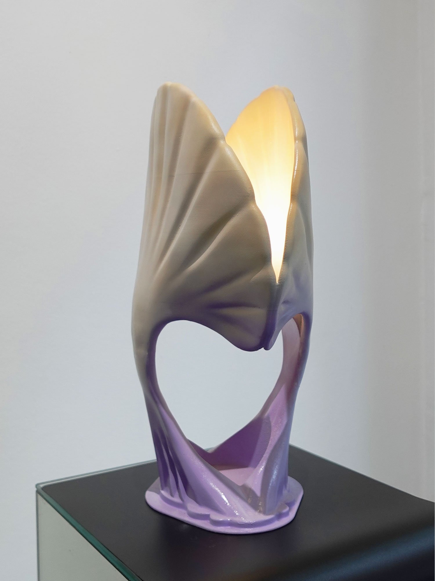 A sculpture of a shell with a heart-shaped opening at the bottom, illuminated from within, placed on a black surface against a white background.
