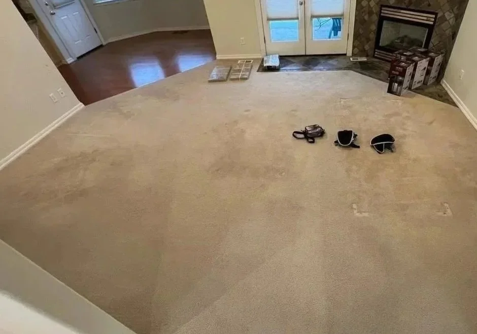 A living room with beige carpet, a set of three slippers, some small items, and a fireplace near the corner. A pair of glass doors leads outside, and there is a hardwood floor in an adjoining room.