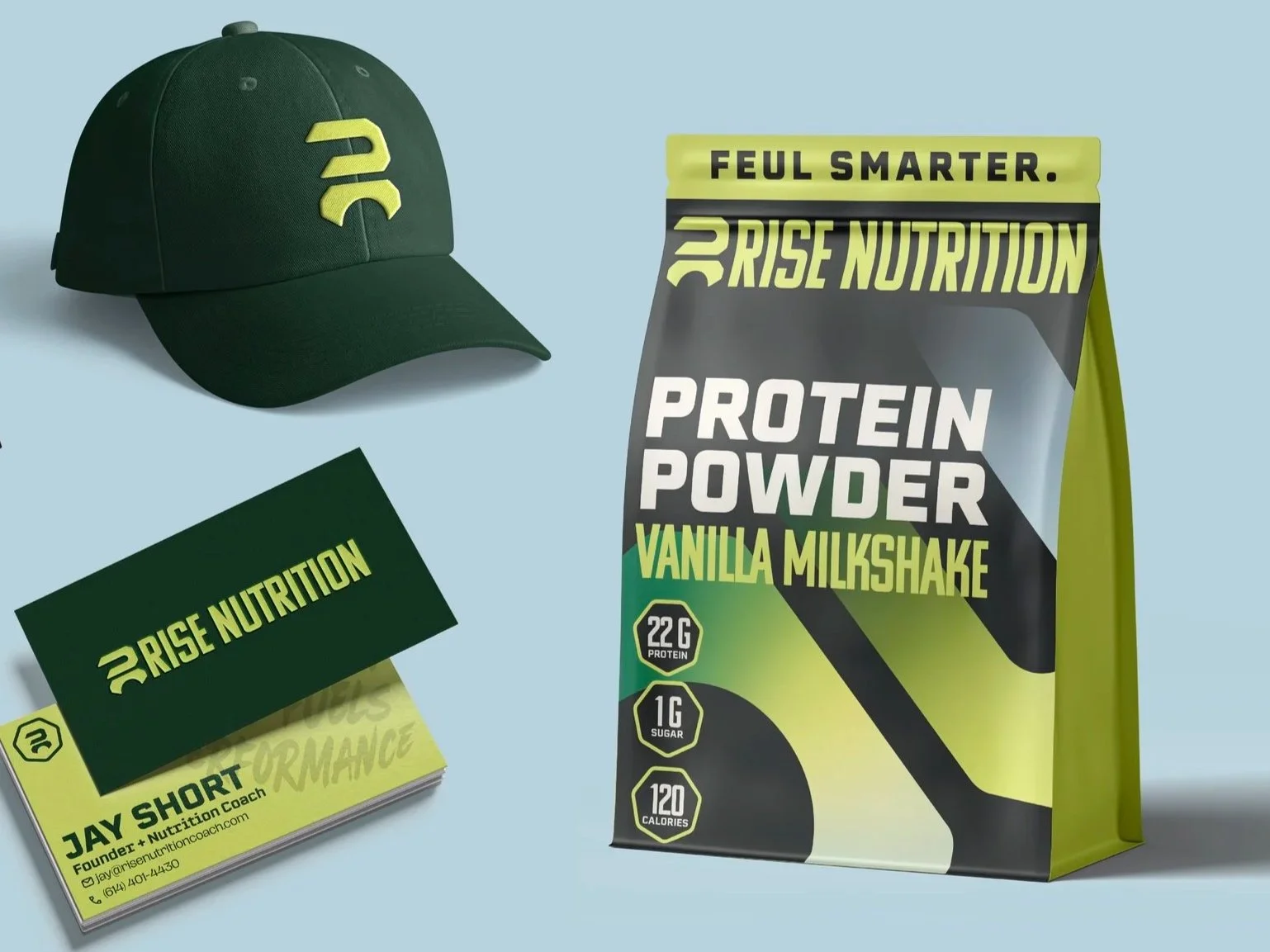 Rise Nutrition brand identity mockup featuring apparel, product packaging, and business cards designed by Signature Narratives