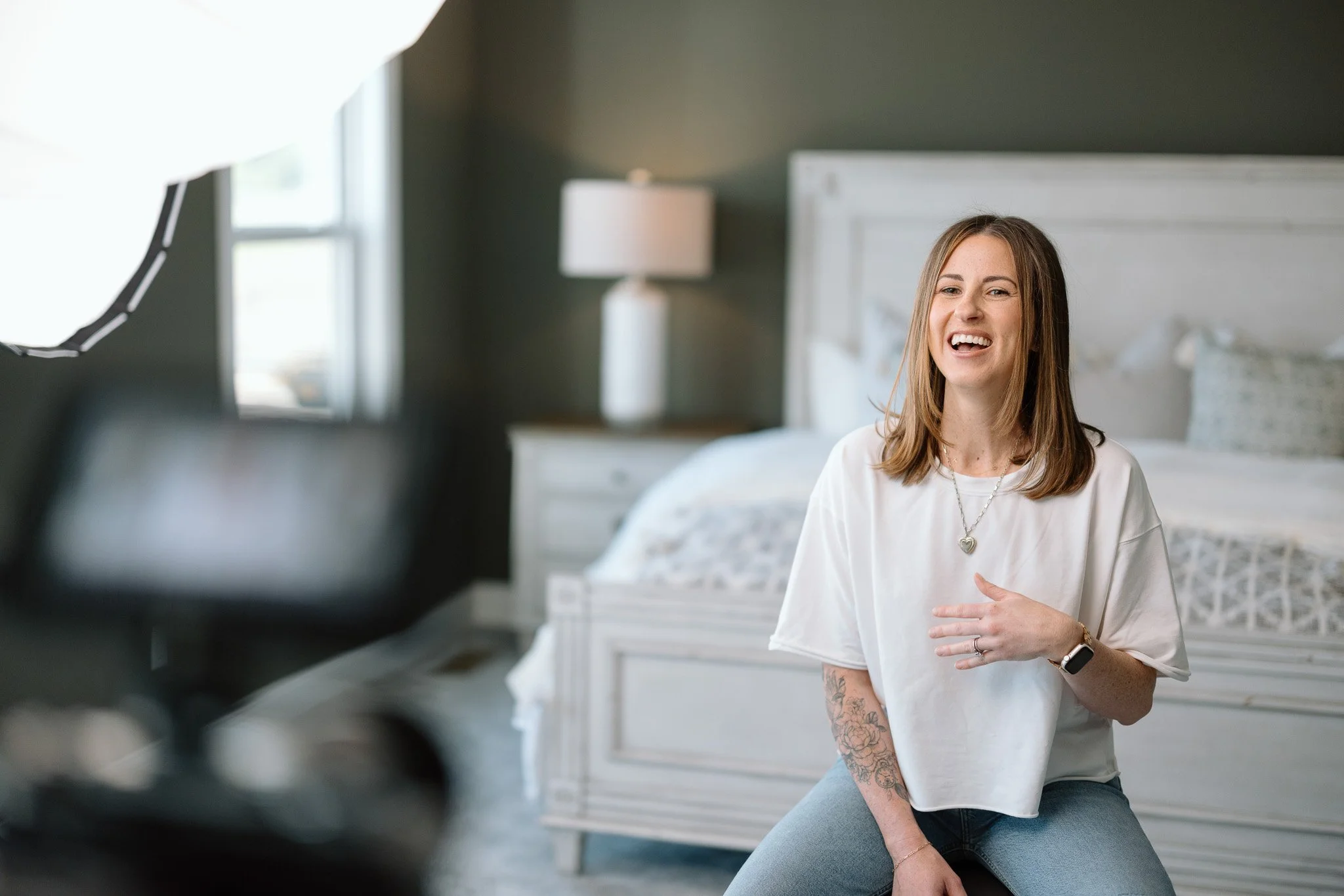 Doula and birth educator laughing during video series shoot for Thrive Doula Services — brand content by Signature Narratives, Ohio