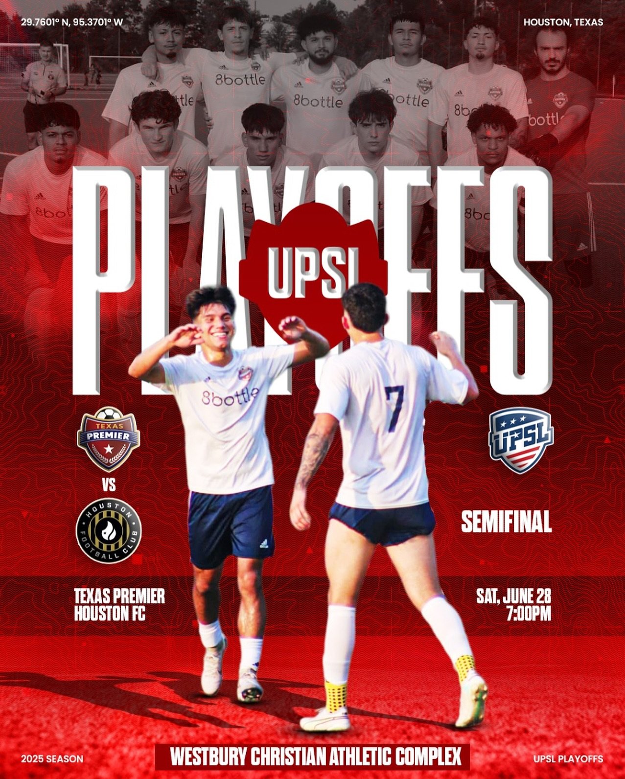 SEMIFINAL TIME‼️Our UPSL Men&rsquo;s squad takes the field this Saturday at 7 PM at Westbury Christian Athletic Complex for a shot at the finals! We&rsquo;re taking on Houston FC &mdash; winner punches their ticket to the championship.

Come out and 