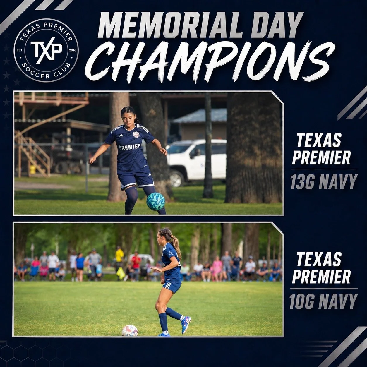 Congrats to 13G Navy and 10G Navy on winning the Memorial Day Tournament. 🏆⚽️ | Shoutout to 16B Navy for making it to the final and putting in a strong performance all weekend. Well done to the boys and the coaches.

#TexasPremier #Champions #Finali