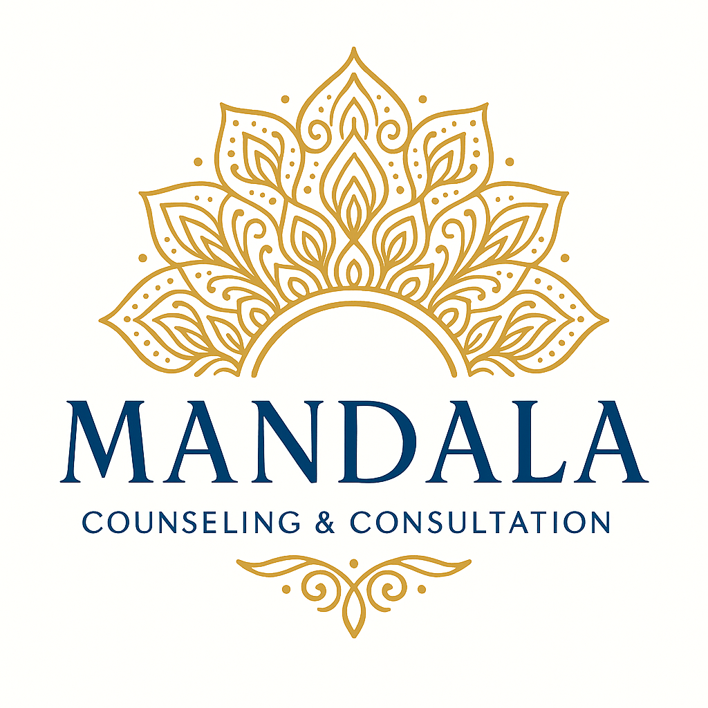 A logo featuring a gold mandala with intricate patterns above the text 'MANDALA' in navy blue, and the words 'COUNSELING & CONSULTATION' below it.