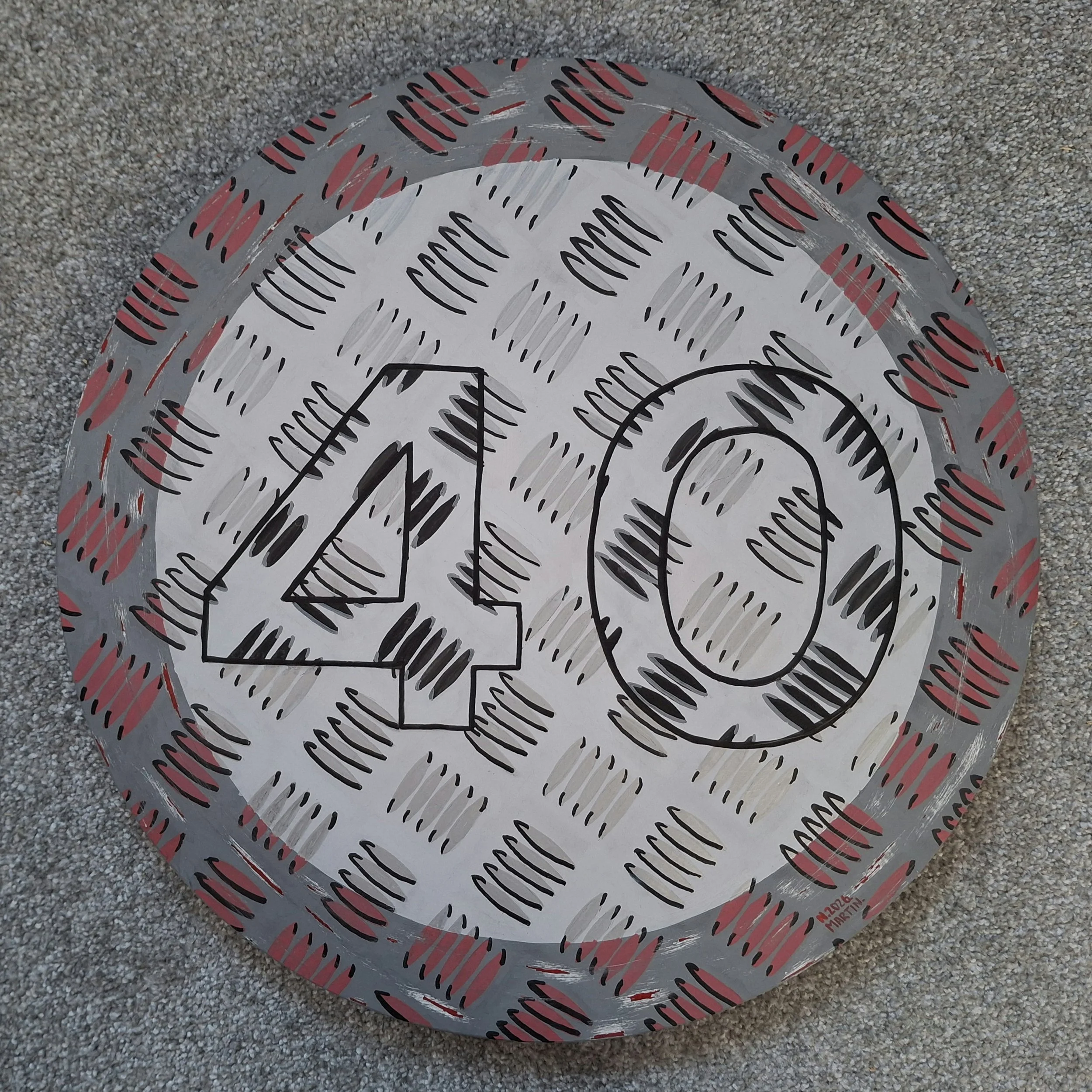 "40" mph speed limit sign, re-imagined in a chequer plate design. 45cm round
