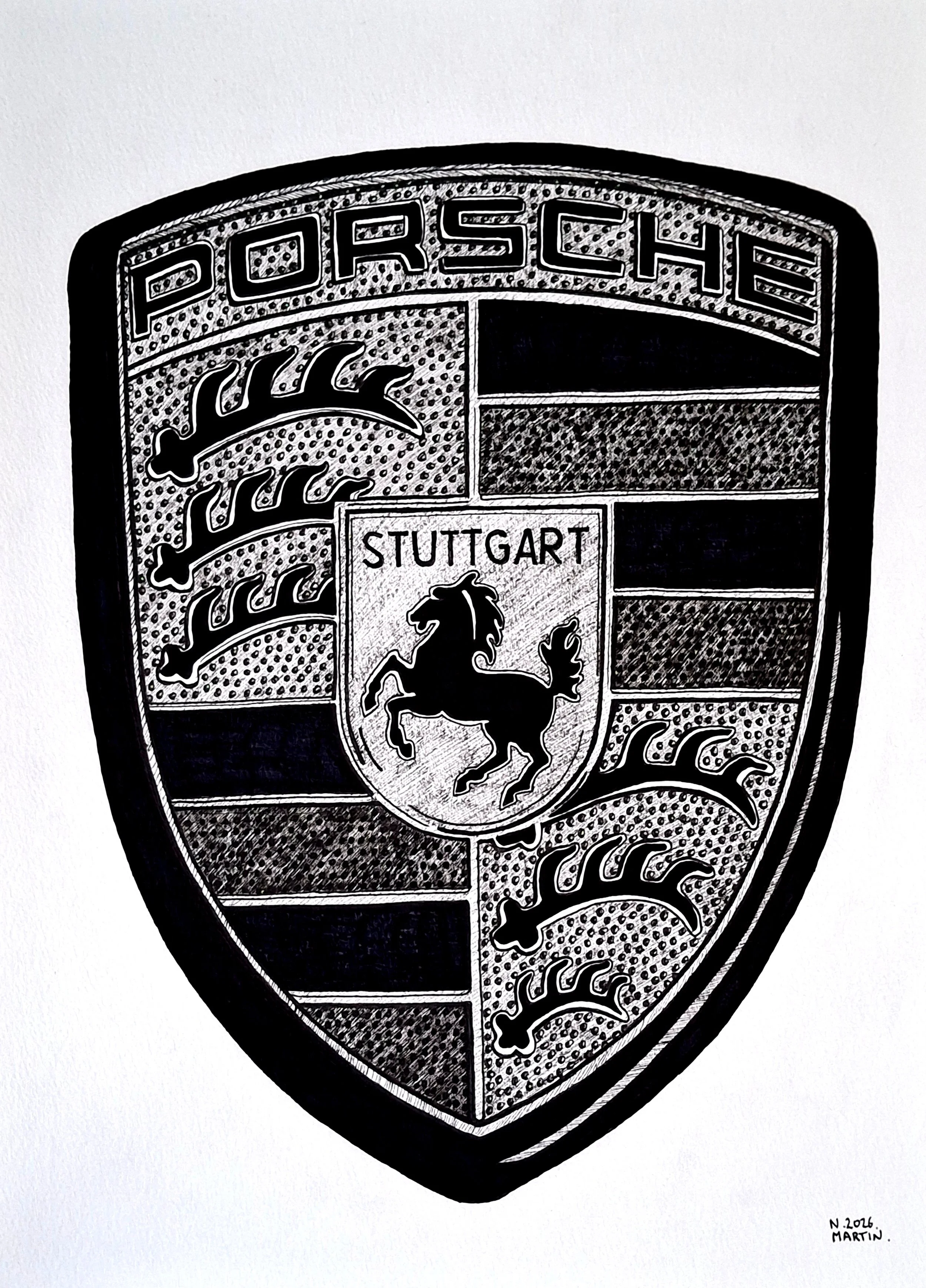 Porsche Badge, black and white drawing, A3 size