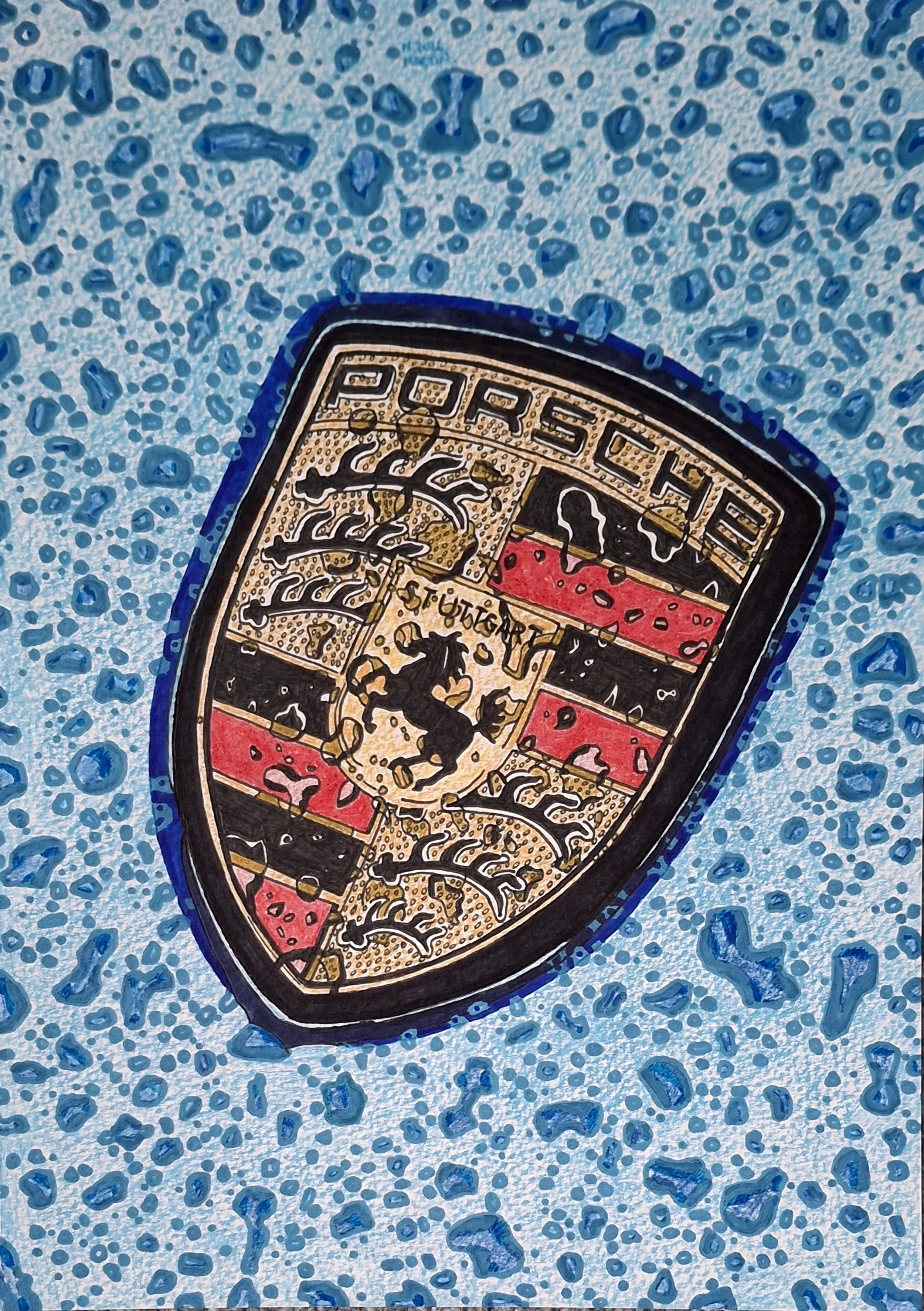 Porsche Badge with raindrops drawing, A4 size