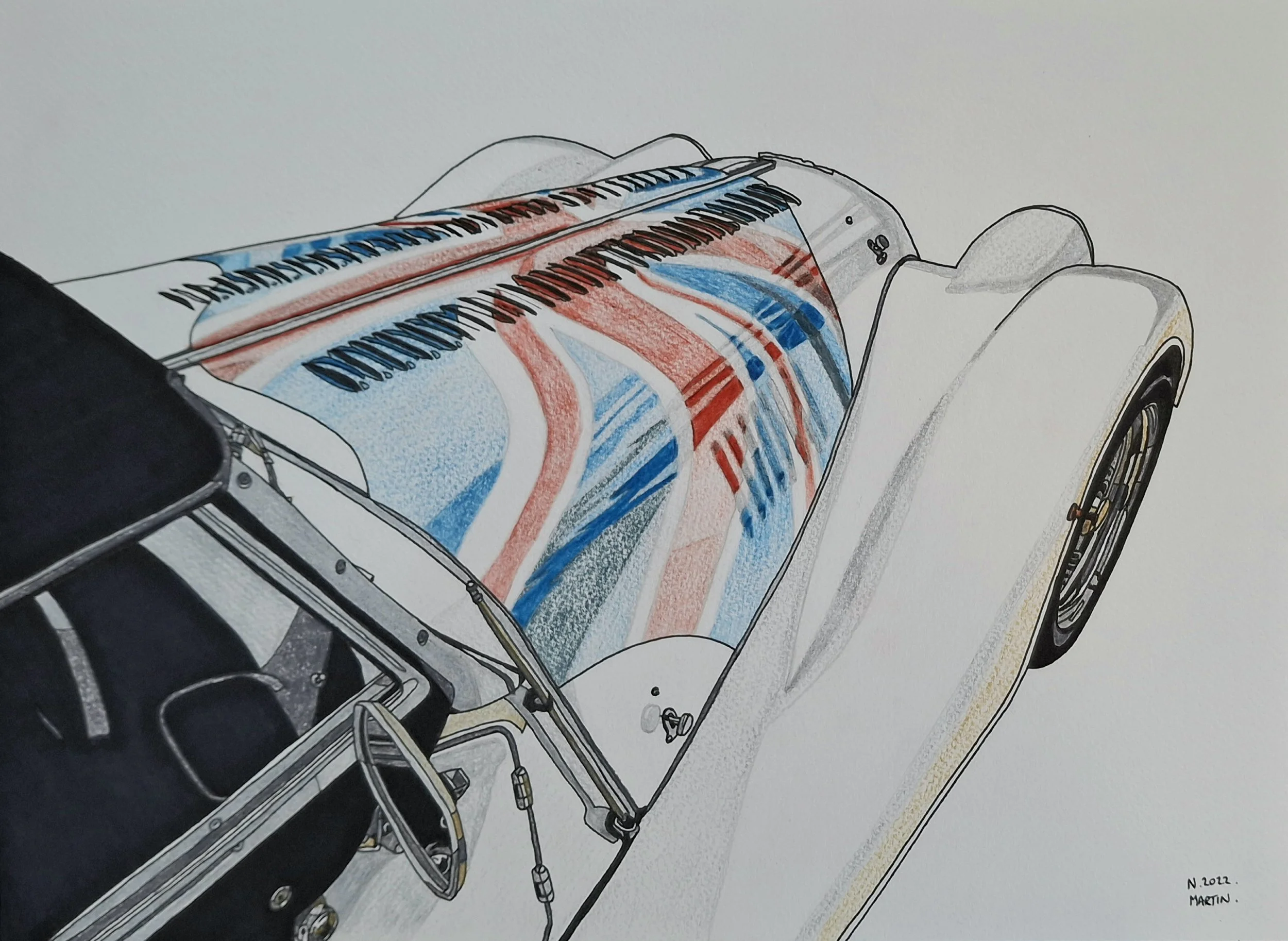 Morgan motor car with a Union Jack bonnet drawing