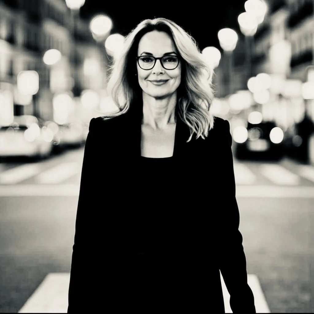 A woman with glasses and wavy hair standing on a city street at night, smiling at the camera.