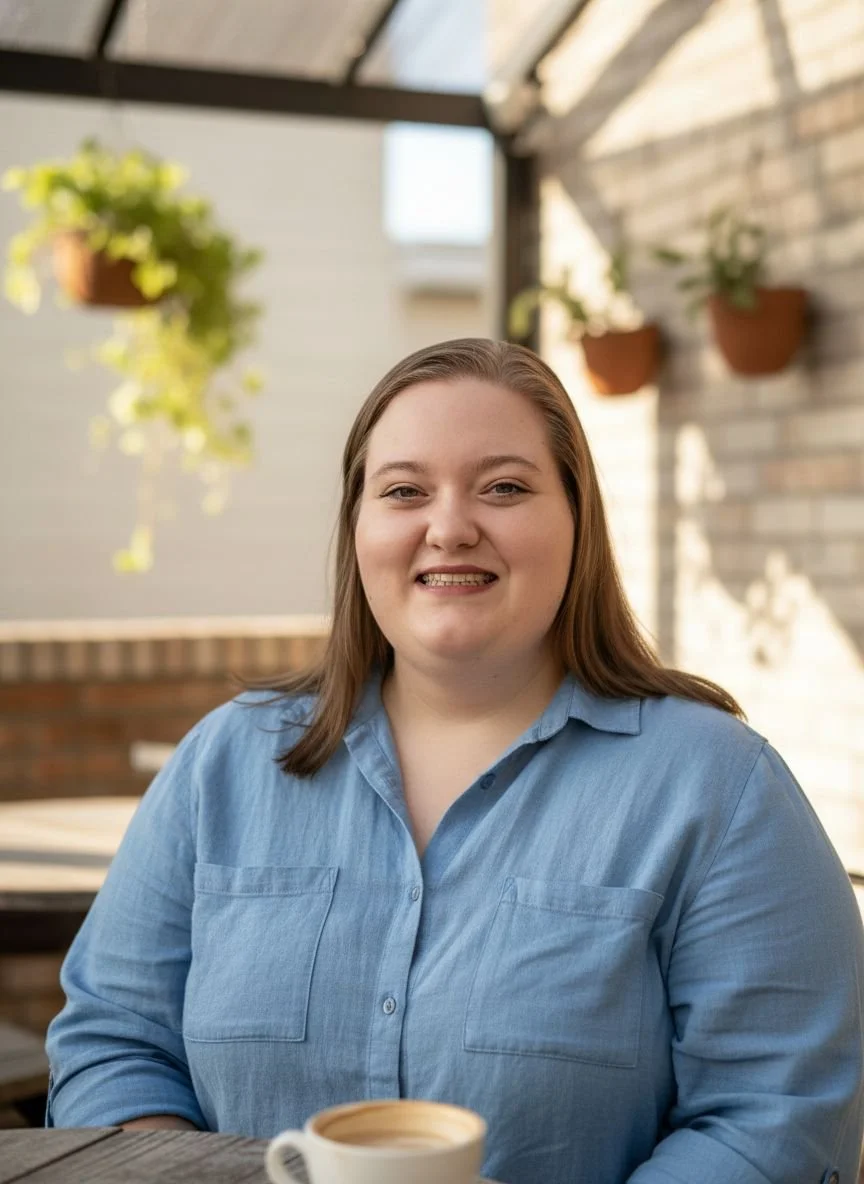 Sam with shoulder-length brown hair smiling, sitting at a table in an outdoor patio area with hanging potted plants and a brick wall in the background, holding a cup of coffee.