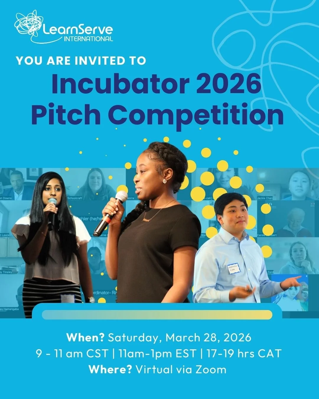 Excitement is high as we prepare for our Incubator 2026 Pitch Competition on March 28th! 

We invite you to watch our young leaders as they propose ideas inspired by an intrinsic desire to create change.

Register Here! https://bit.ly/41elGNN